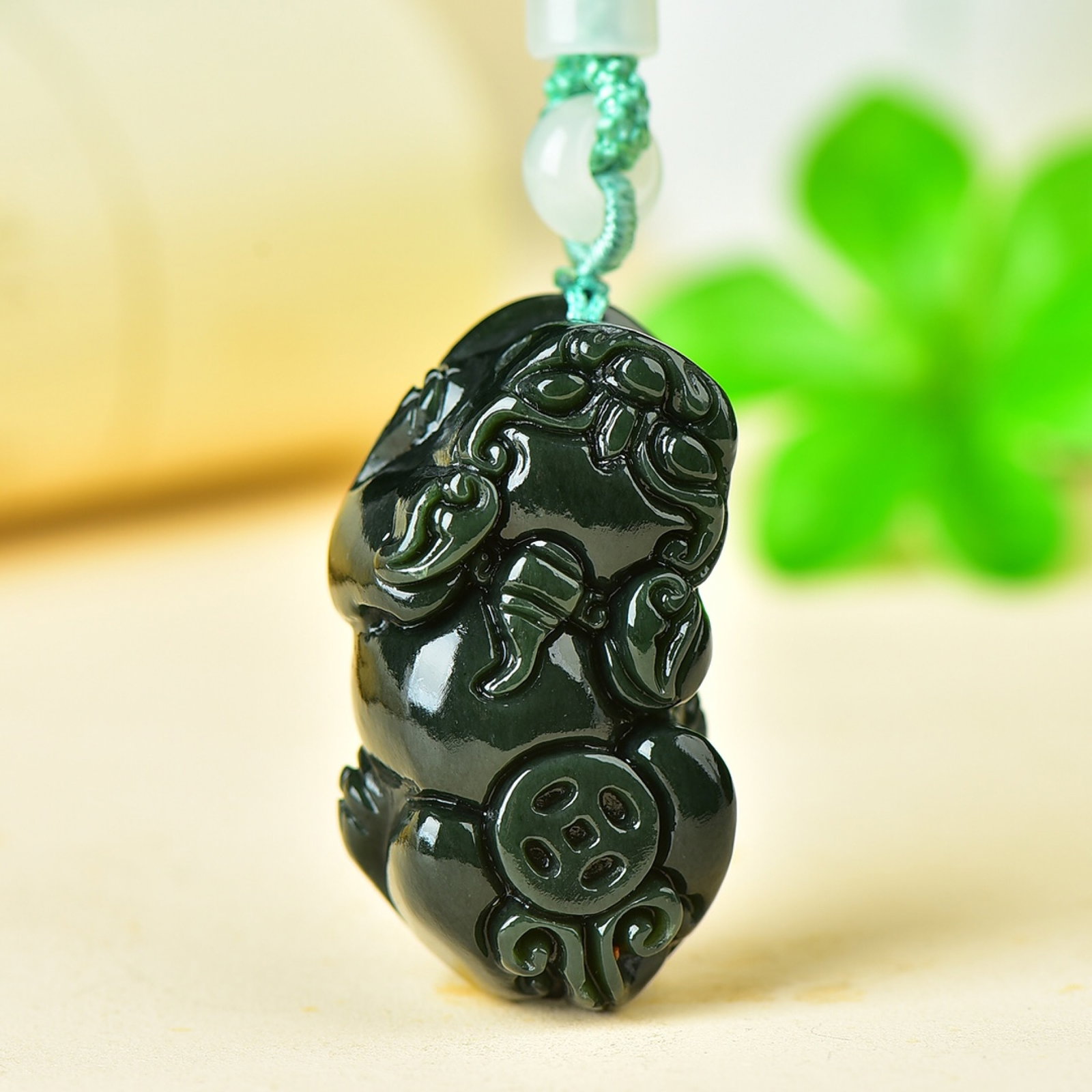An Exquisite Jasper Wealth-Attracting Creature Pattern Pendant: An Exquisite Jasper Wealth-Attracting Creature Pattern Pendant,Size:1inx1.8in 碧玉貔貅纹挂件