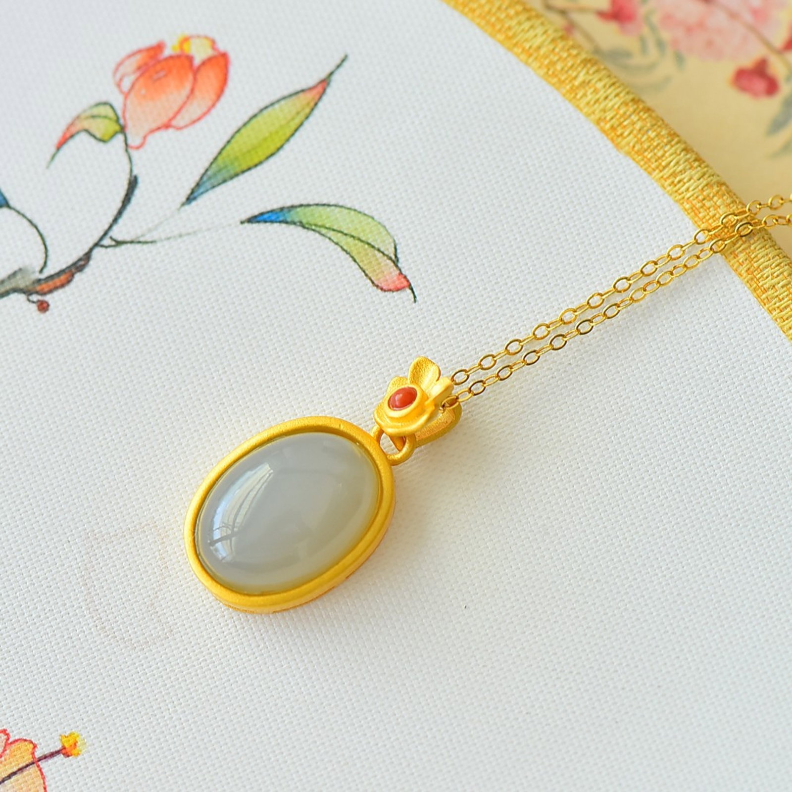 An Exquisite Sterling Silver-Gold Plated Inlaid White Jade Pendant: An Exquisite Sterling Silver-Gold Plated Inlaid White Jade Pendant,Size:0.4inx0.6in 纯银镀金镶白玉吊坠