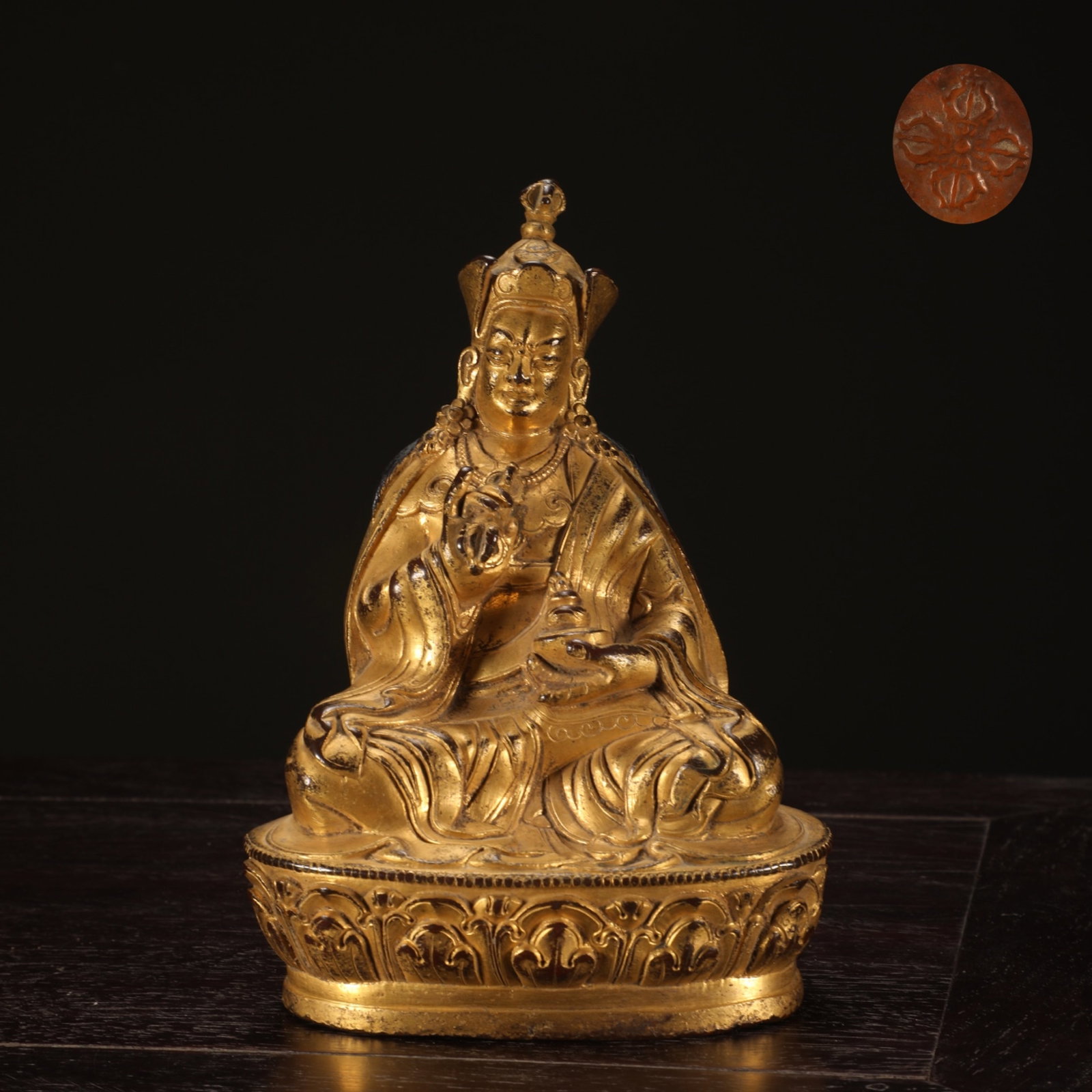 A Solemn Gilt Bronze Statue of Padma Sambhava: A Solemn Gilt Bronze Statue of Padma Sambhava,Ming Dynasty,China,Size:6.1inx4.3in,Weight:950g 铜鎏金莲花生大士像,中国明代