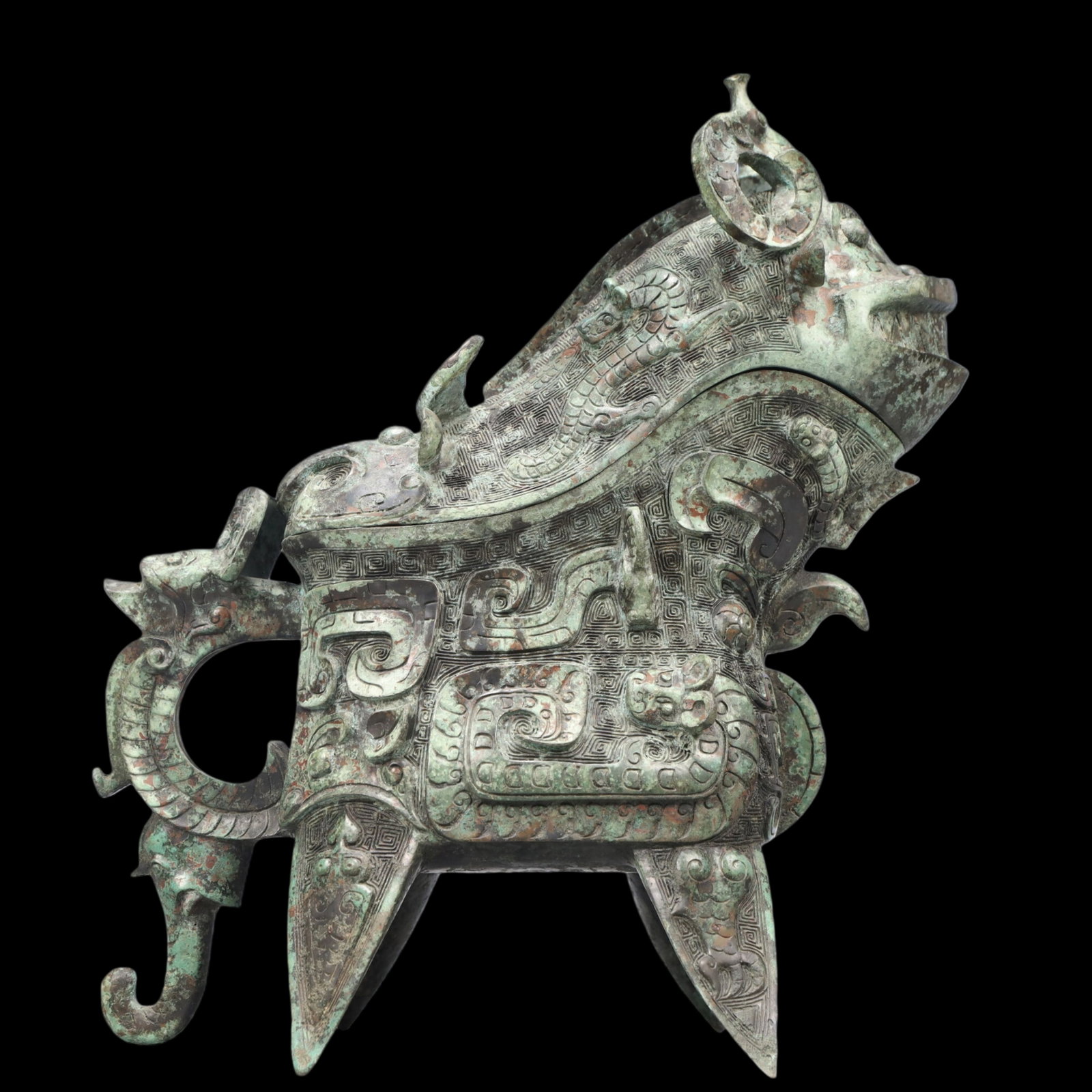 A Precious Bronze Chi-Dragon Pattern Ewer with Cover ,With Inscription: A Precious Bronze Chi-Dragon Pattern Ewer with Cover ,With Inscription,Ancient Time, China,Size:11.4inx4.7inx13in ;Weight:4350g