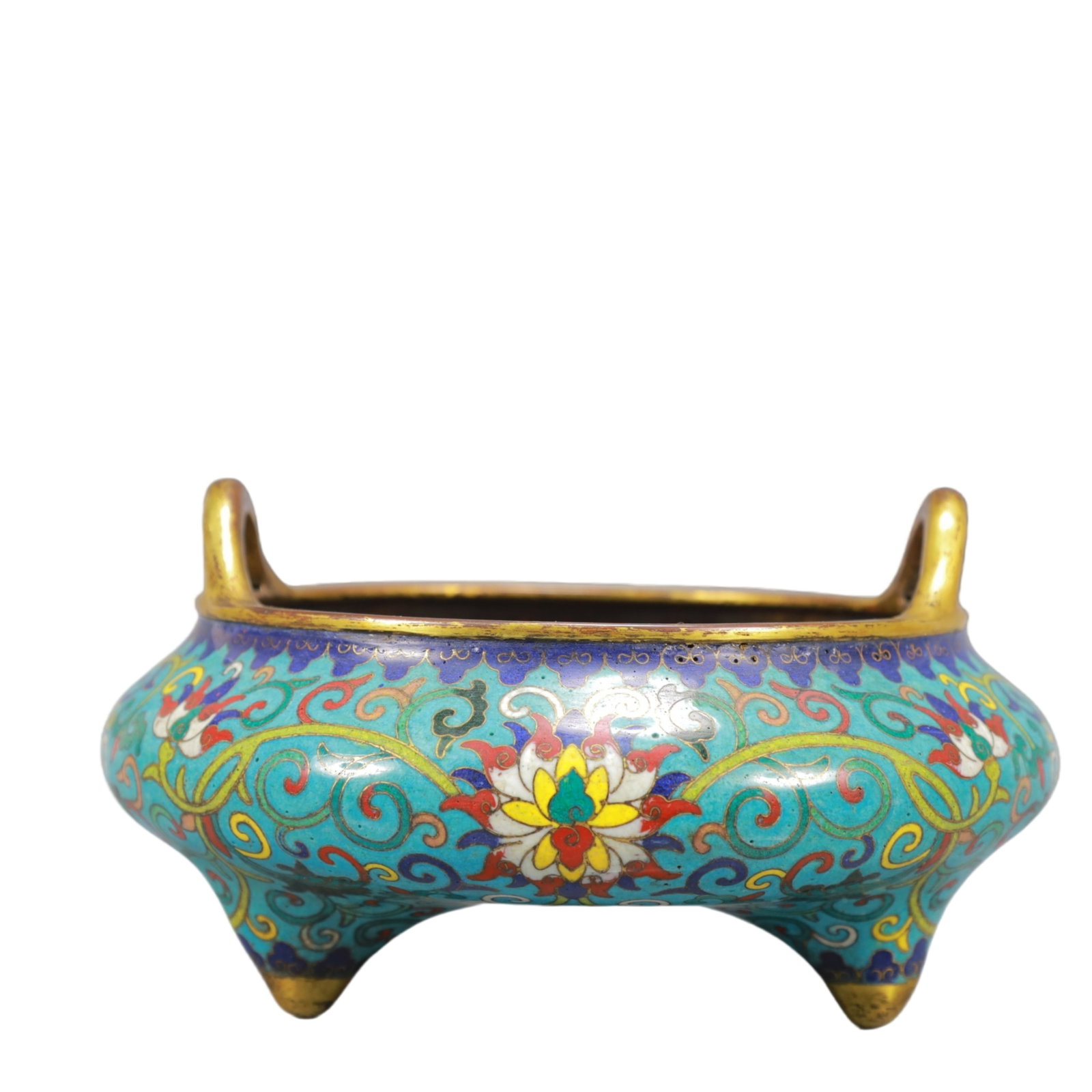 A Exquisite Cloisonne Lotus Pattern Double-Ears and Tripod Censer: A Exquisite Cloisonne Lotus Pattern Double-Ears and Tripod Censer Ming Dynasty, China Xuande Six-character Mark ,Size:4.3inx8.3in Weight:1600g