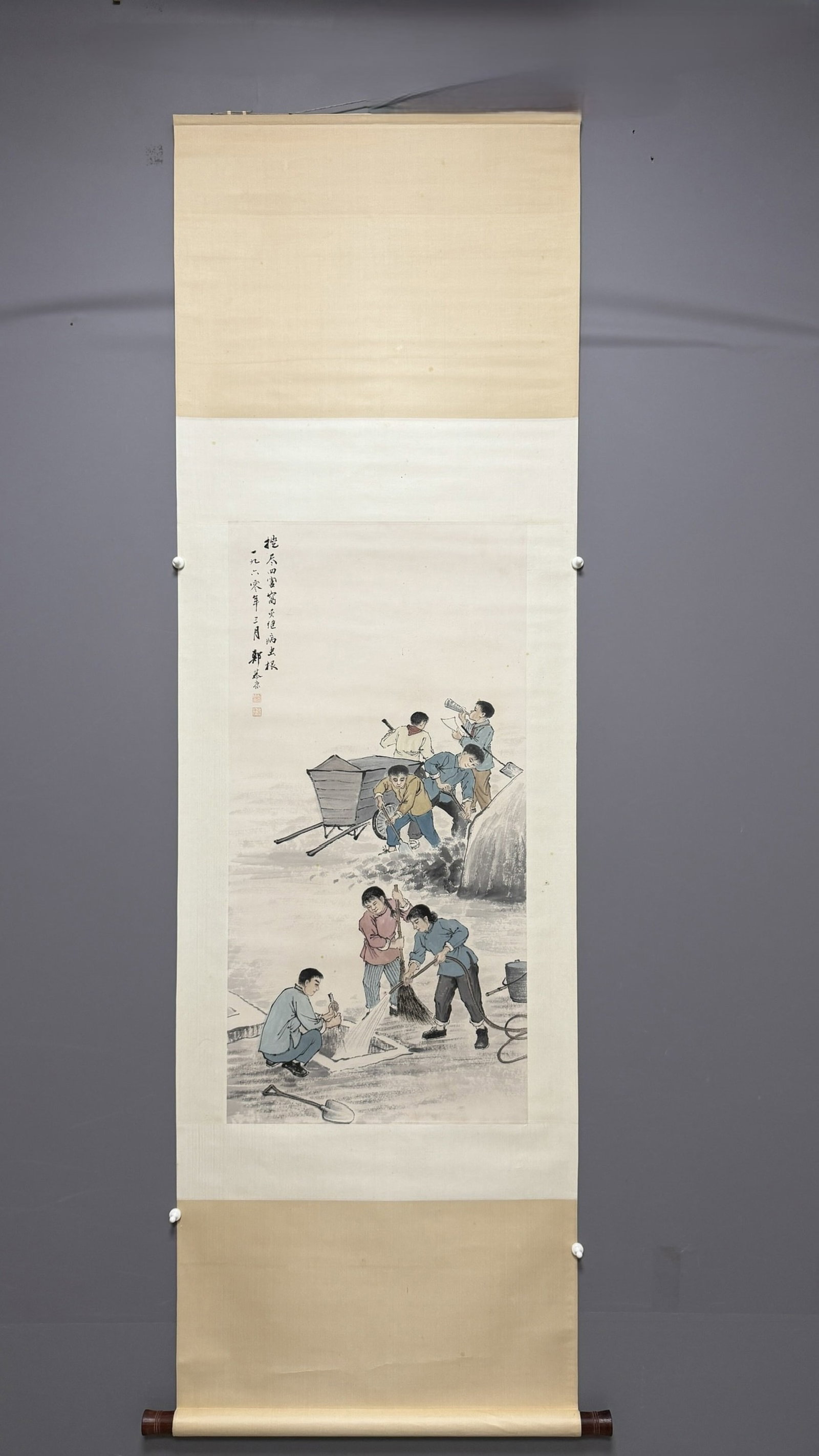 A Chinese Vertical Scroll Ink Painting of Character and Story on Paper: A Chinese Vertical Scroll Ink Painting of Character and Story on Paper,Zheng Mukang,Size:39.4inx19.7in 一幅中国水墨人物故事画立&