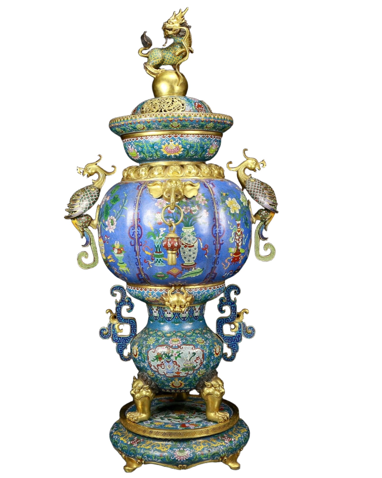 A Huge Cloisonne Eight Treasures Pattern Phoenix-Ears Censer: A Huge Cloisonne Eight Treasures Pattern Phoenix-Ears Censer，Qing Dynasty, China，Qianlong Four-character Mark，Size:20.9inx49.6in，Weight:64.70kg 景泰蓝
