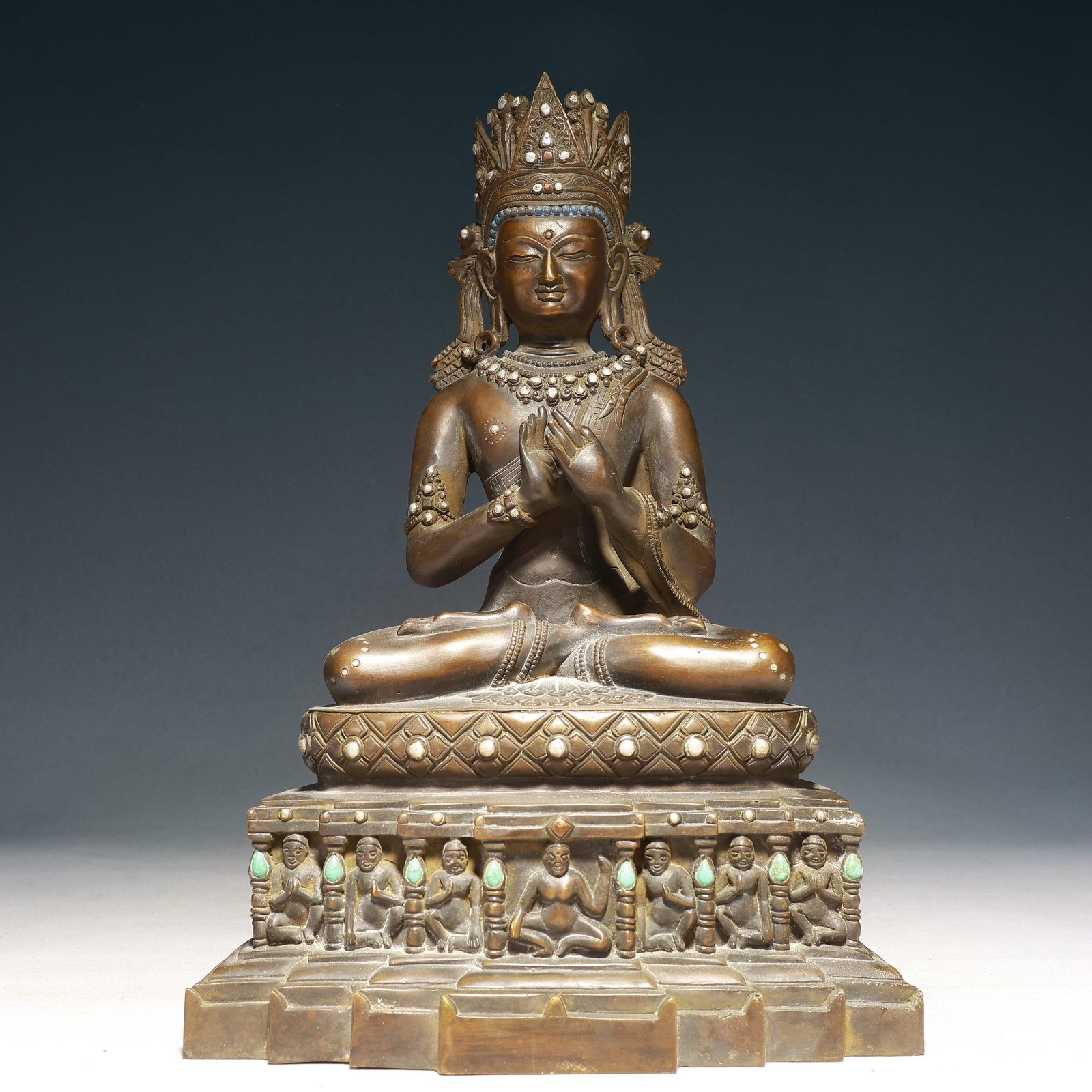 A Solemn Bronze Inlaid Silver Statue of Tara: A Solemn Bronze Inlaid Silver Statue of Tara,Qing Dynasty,China,Size:10.2inx7.1inx14.6in,Weight:9250g 铜嵌银度母像,中国清代