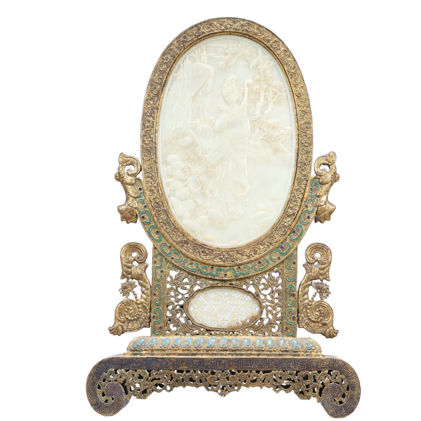 A Rare Gilt Bronze Inlaid White Jade Figure Pattern Table Screen,with an Imperial Poem by Emperor: A Rare Gilt Bronze Inlaid White Jade Figure Pattern Table Screen,with an Imperial Poem by Emperor Qianlong,Qing Dynasty, China,Qianlong Four-character Mark ,Size:15.9inx3.3inx24in,Weight:5900g