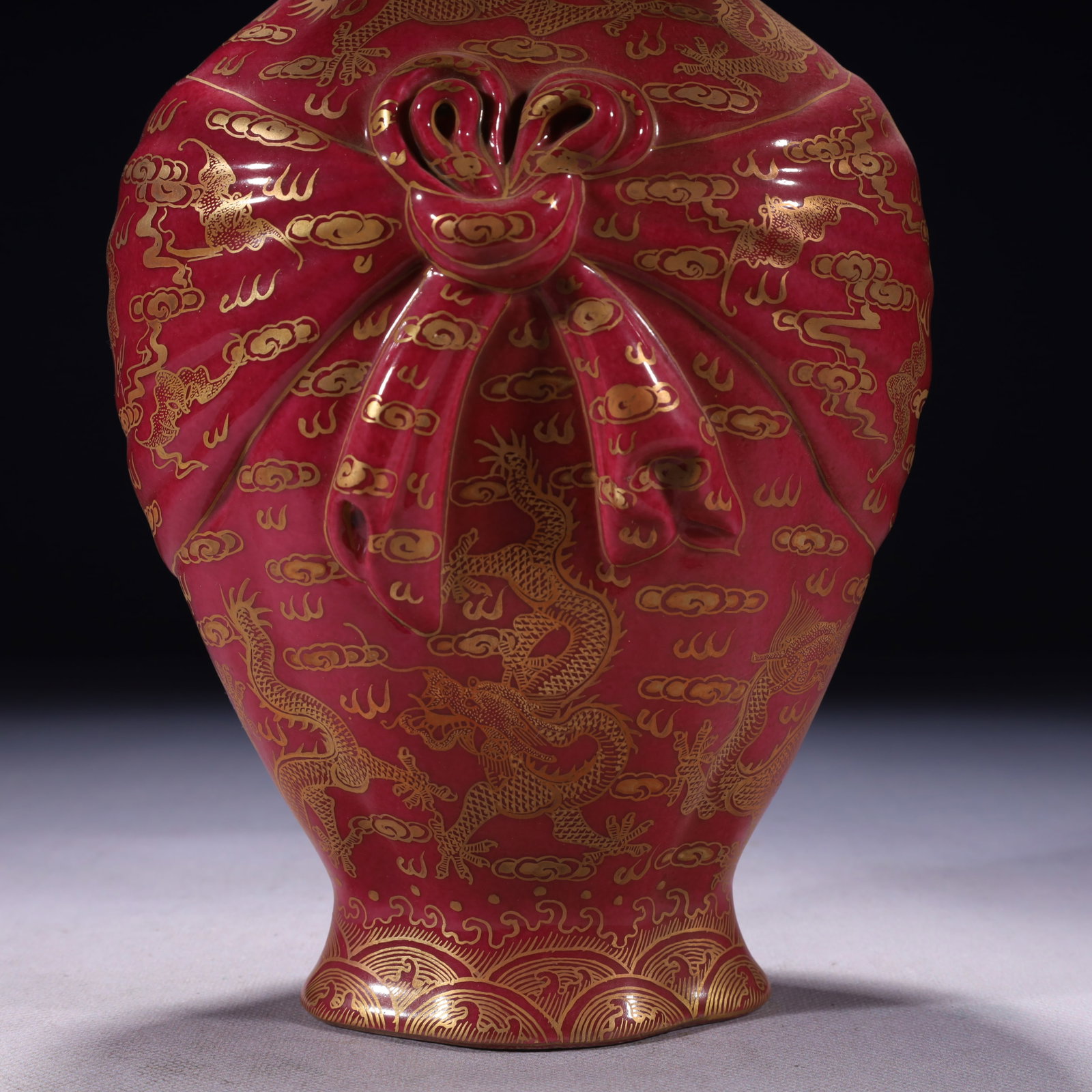 An Exquisite Ruby Red-Glazed Painted Gold Auspicious Cloud and Dragon Pattern Vase - 3