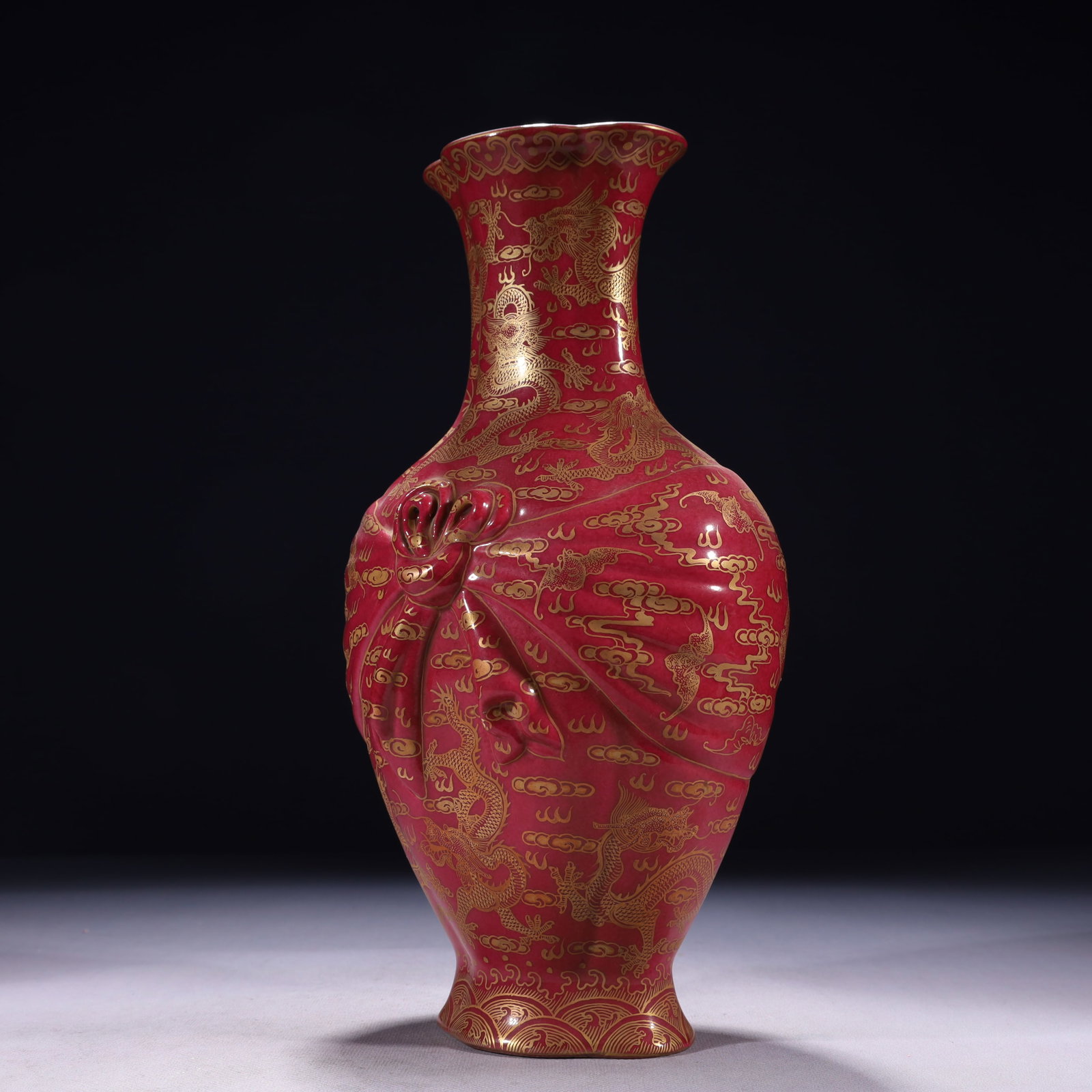An Exquisite Ruby Red-Glazed Painted Gold Auspicious Cloud and Dragon Pattern Vase - 4