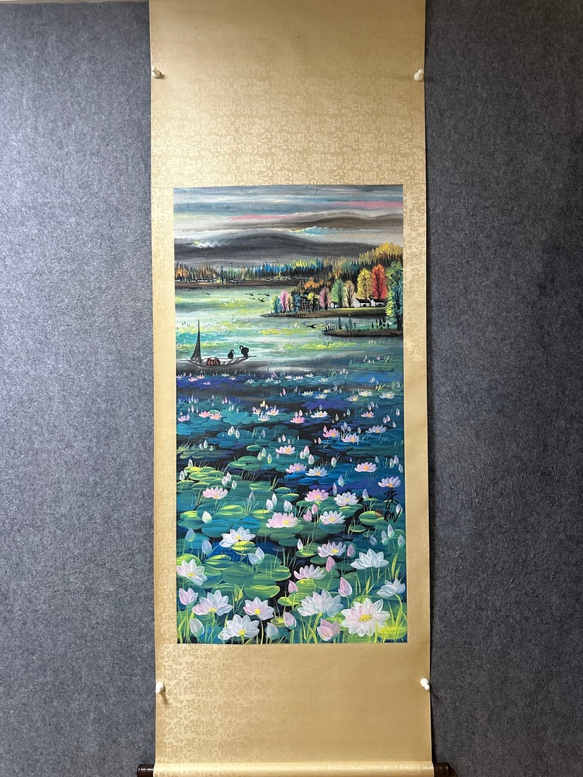 An Exquisite Chinese Vertical Scroll Ink Painting of Landscape on Paper: An Exquisite Chinese Vertical Scroll Ink Painting of Landscape on Paper,Lin Fengmian,Size:53.9inx27.2in 一幅中国水墨山水画立轴,林