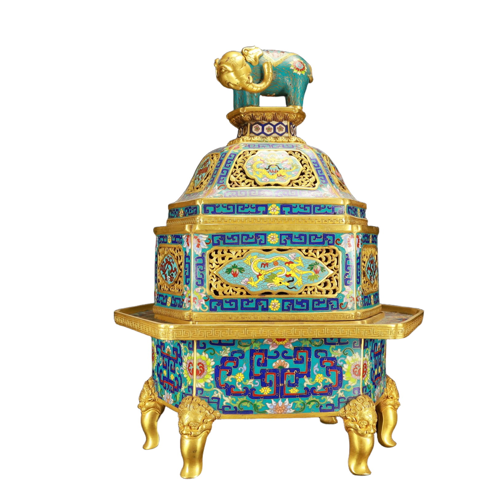 A Huge Cloisonne Lotus Dragon Pattern Beast-Legs Censer: A Huge Cloisonne Lotus Dragon Pattern Beast-Legs Censer,(A type of enamelware with metal wires separating colored glaze, originating in China),Qing Dynasty,China,Qianlong Six-character Mark,Size:13.8i