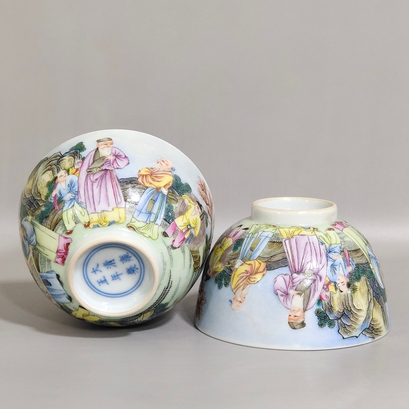 A Pair of Exquisite Famille-Rose Character and Story Pattern Cups: A Pair of Exquisite Famille-Rose Character and Story Pattern Cups,Qing Dynasty,China,Yongzheng Six-character Mark,Size:2inx3.5in