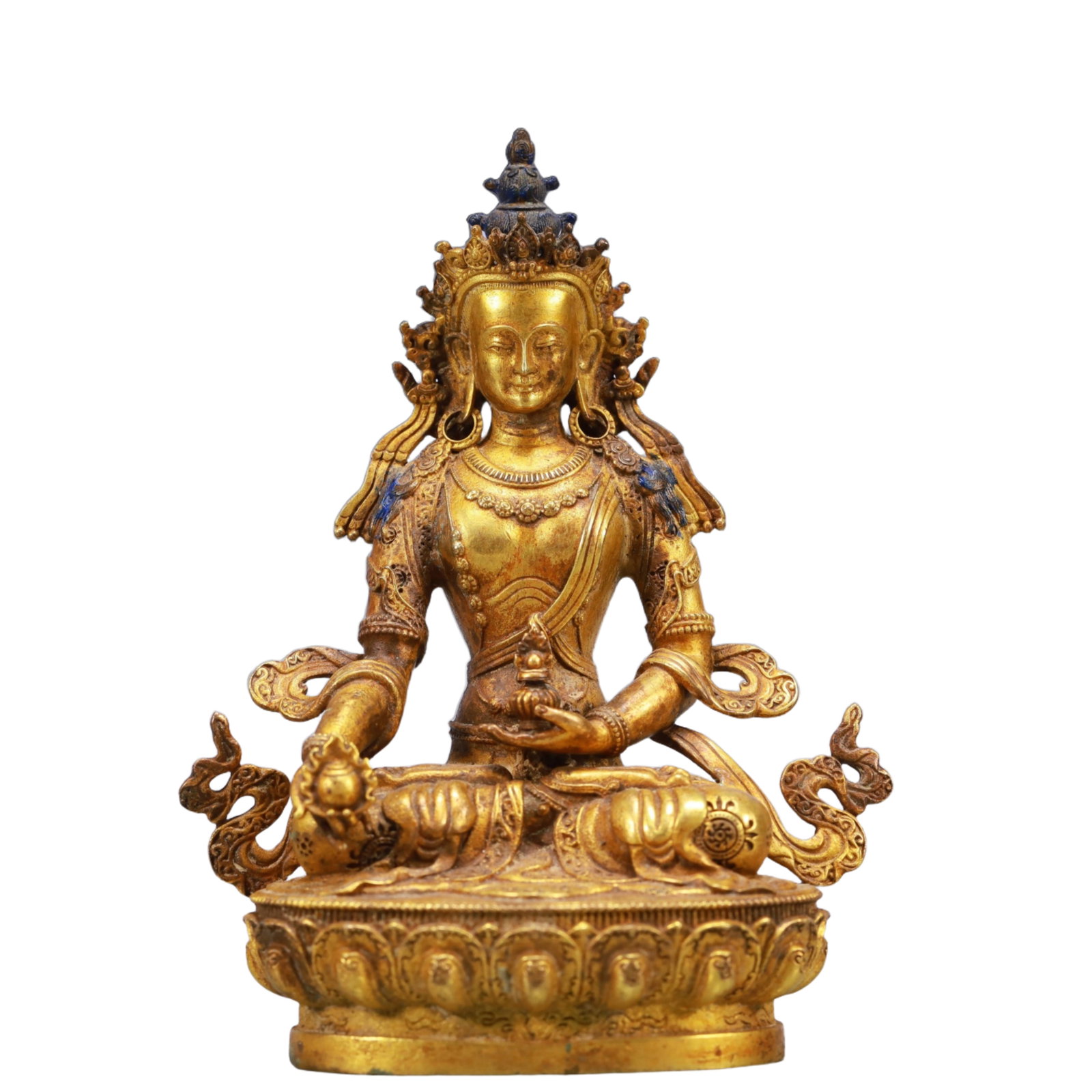 A Solemn Gilt Bronze Statue of Amitayus: A Solemn Gilt Bronze Statue of Amitayus,Qing Dynasty, China,Size:3.1inx1.8inx4.1in,Weight:274g 铜鎏金无量寿佛像,中国清代