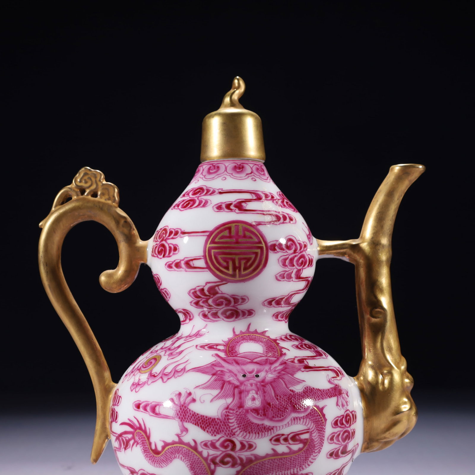 An Exquisite Ruby Red-Glazed Painted Gold Auspicious Cloud and Dragon Pattern Ewer - 2