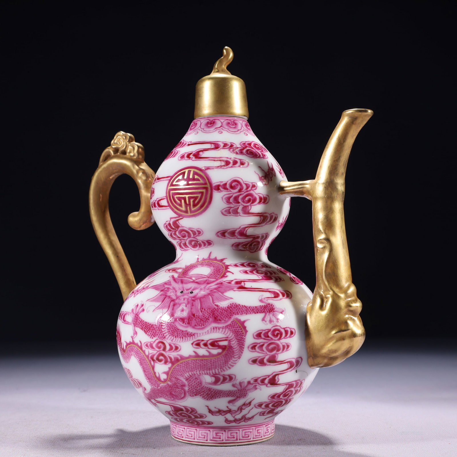 An Exquisite Ruby Red-Glazed Painted Gold Auspicious Cloud and Dragon Pattern Ewer - 4