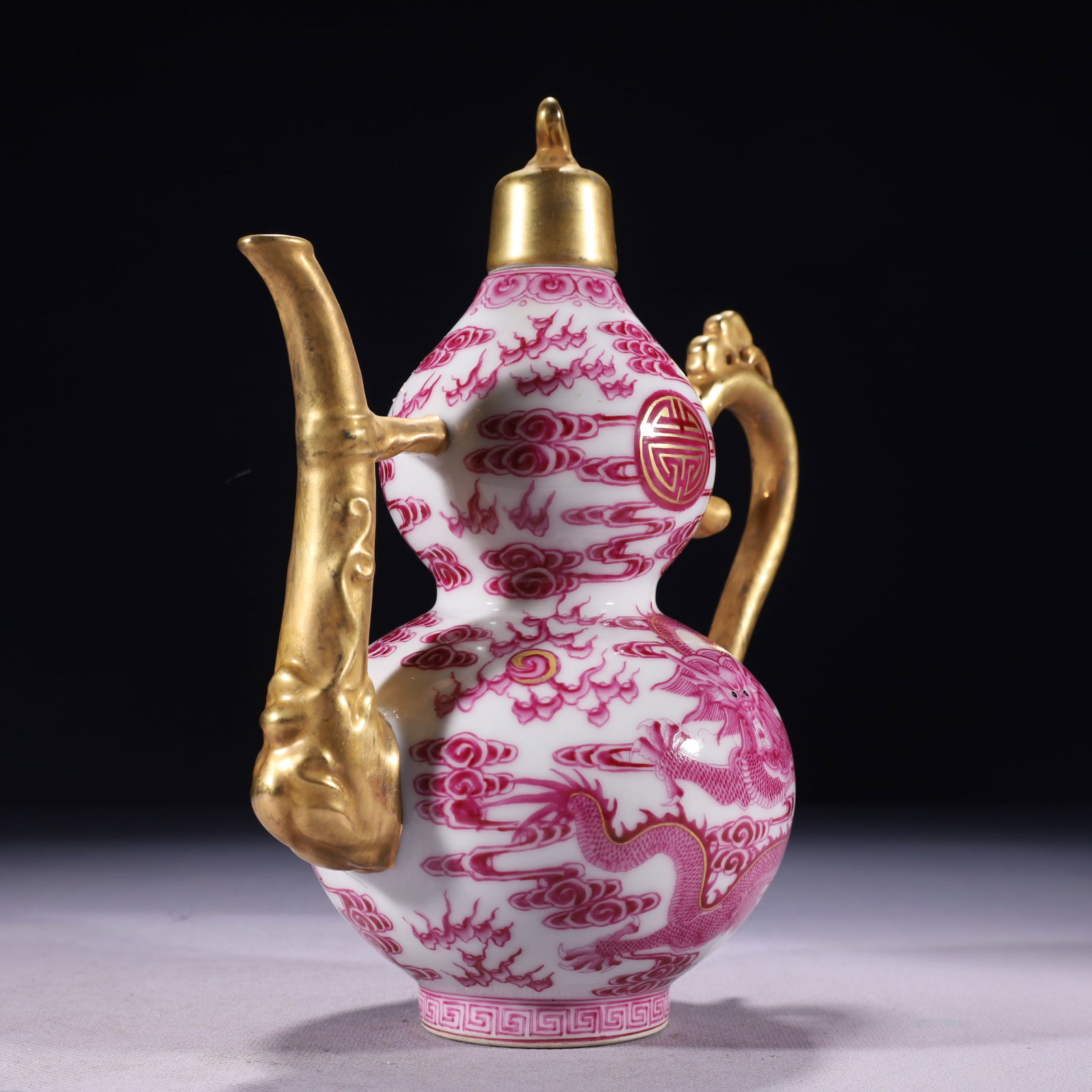 An Exquisite Ruby Red-Glazed Painted Gold Auspicious Cloud and Dragon Pattern Ewer - 6