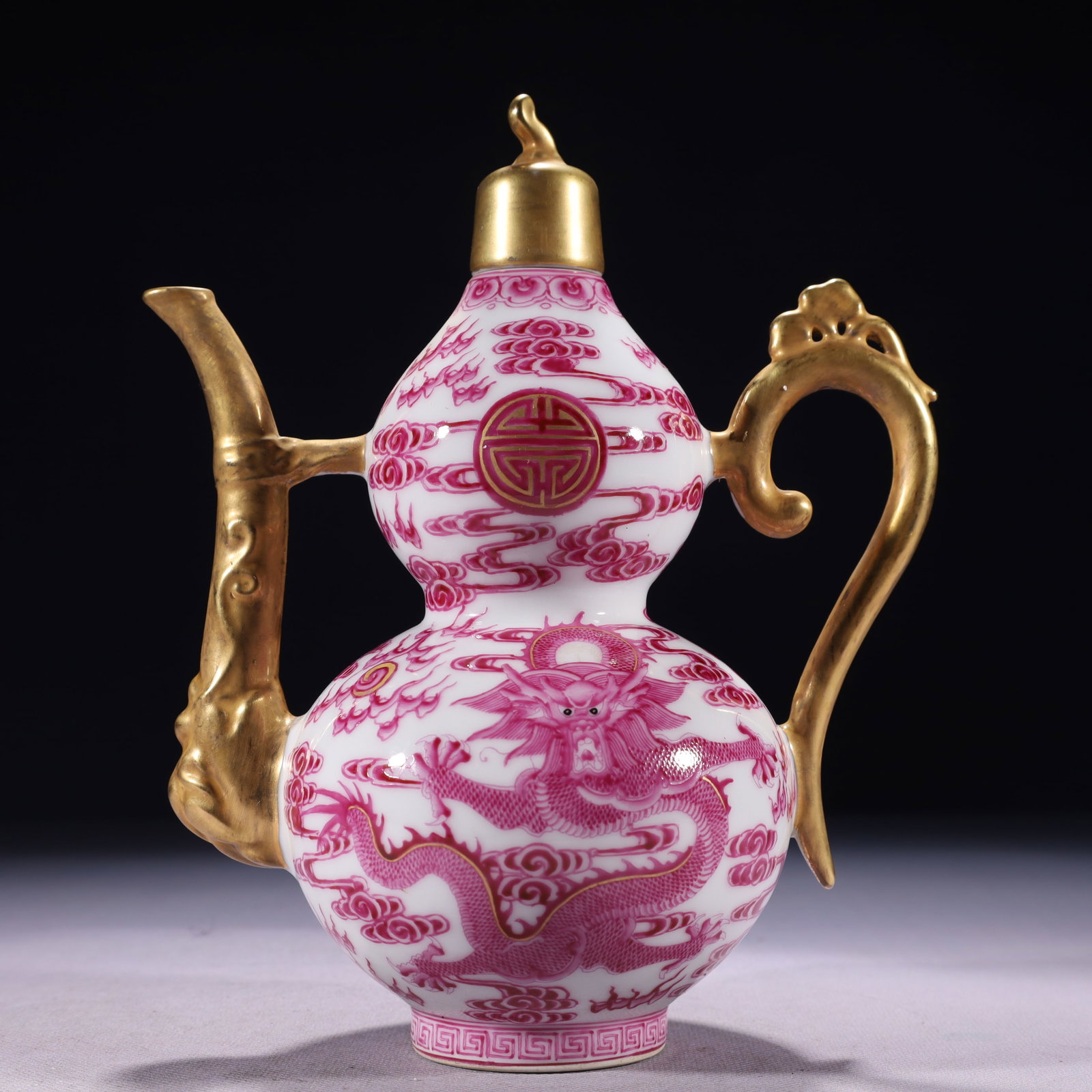 An Exquisite Ruby Red-Glazed Painted Gold Auspicious Cloud and Dragon Pattern Ewer - 7