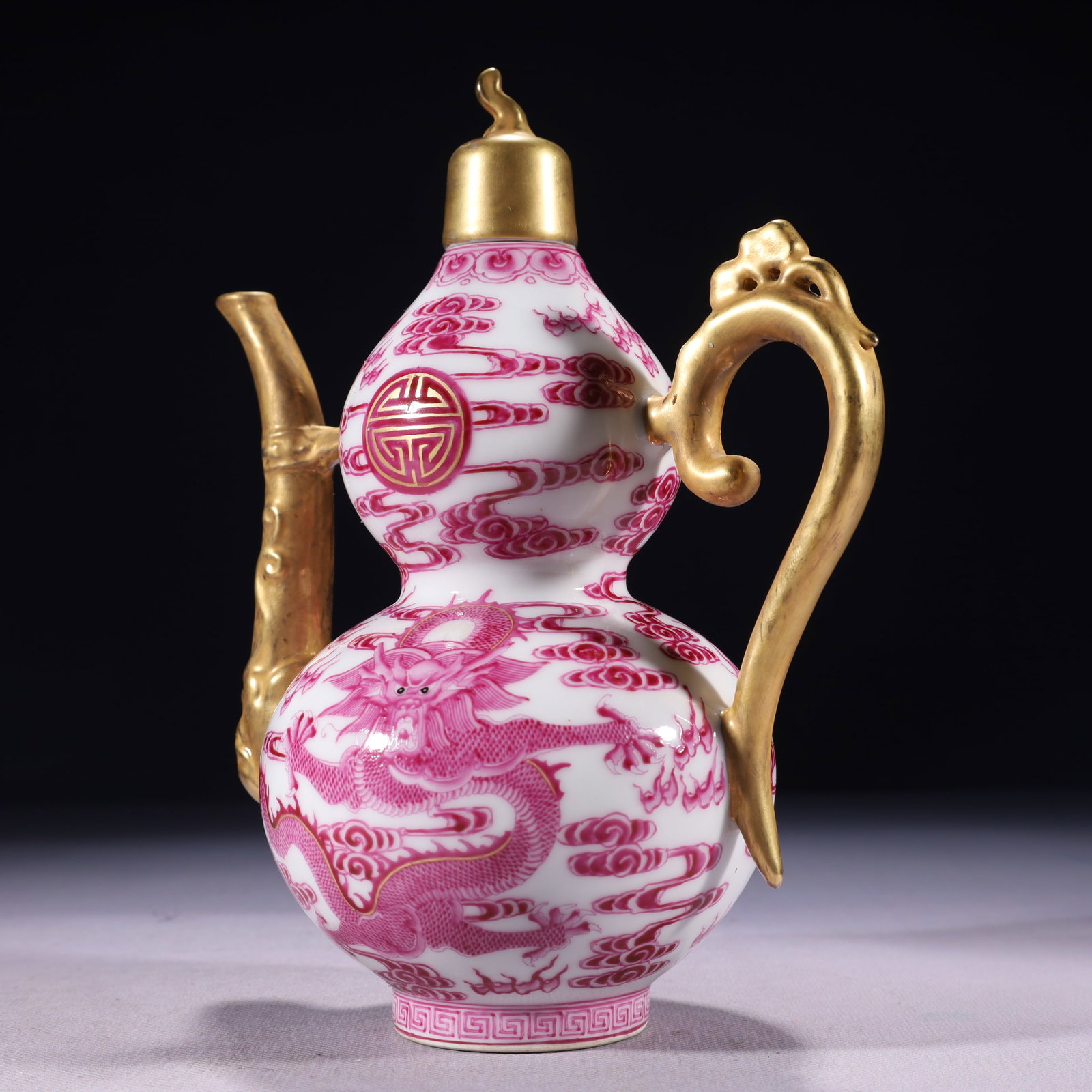 An Exquisite Ruby Red-Glazed Painted Gold Auspicious Cloud and Dragon Pattern Ewer - 8