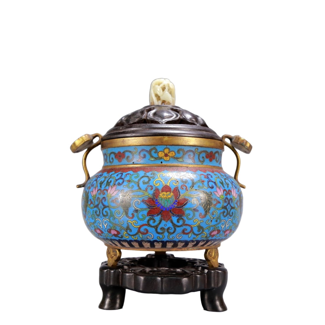 An Archaic Cloisonne Lotus Pattern Ruyi-Ears and Tripod Censer,with Zitanwood Inlaid White Jade: An Archaic Cloisonne Lotus Pattern Ruyi-Ears and Tripod Censer,with Zitanwood Inlaid White Jade Cover,Qing Dynasty, China,Qianlong Four-character Mark,Size:6.1inx5.1inx7.1in,Weight:1000g