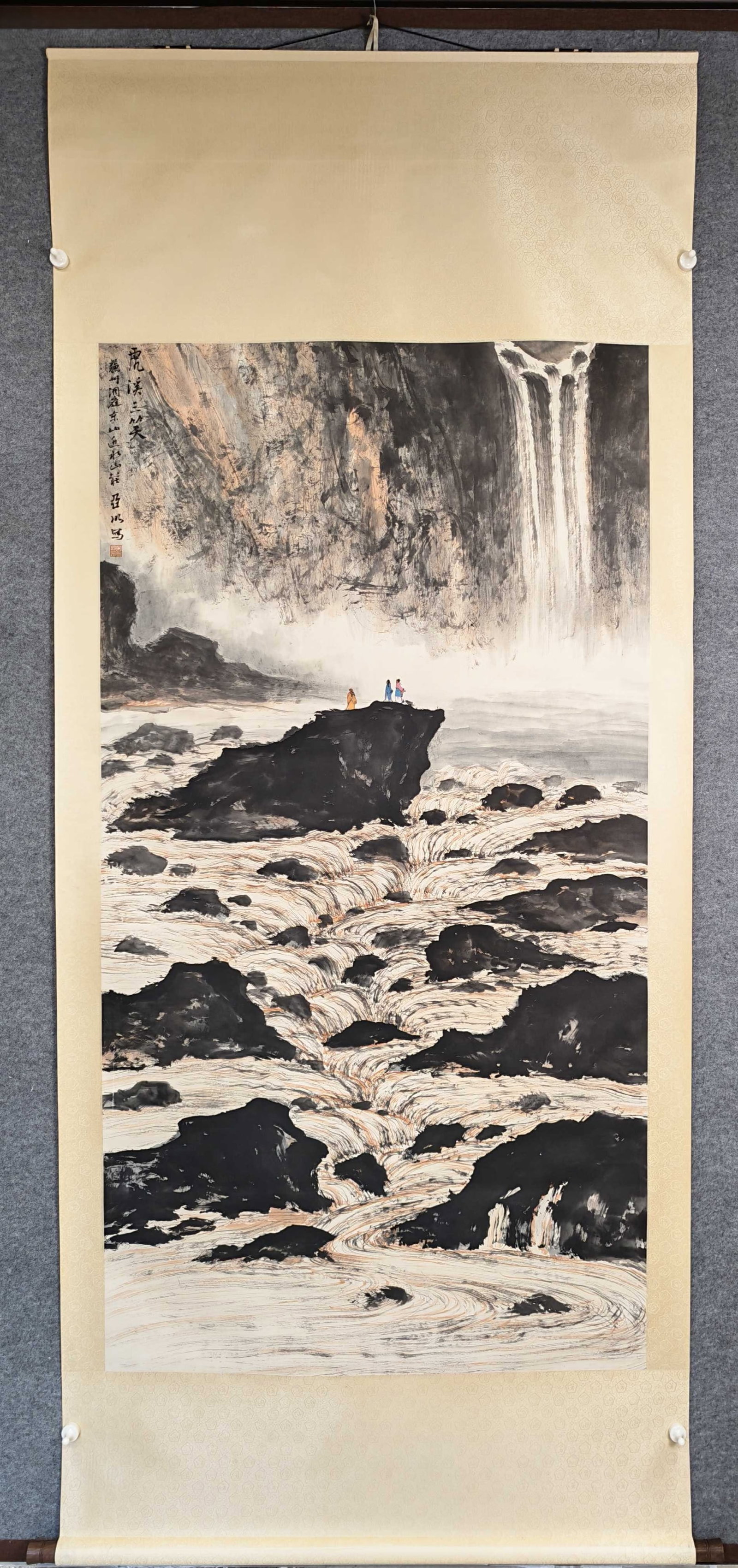A Chinese Vertical Scroll Ink Painting of Landscape on Paper: A Chinese Vertical Scroll Ink Painting of Landscape on Paper,Ya Ming,Size:37inx68.9in 一幅中国水墨山水画立轴,亚明