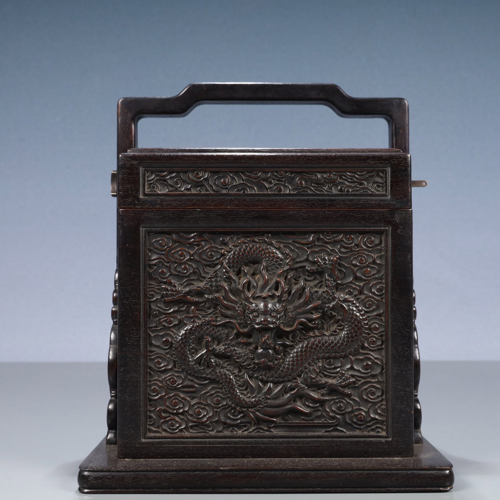 An Exquisite Zitanwood Auspicious Cloud and Dragon Pattern Tiered box: An Exquisite Zitanwood Auspicious Cloud and Dragon Pattern Tiered box,Qing Dynasty, China,Size:8.7inx10.6in,Weight:1900g