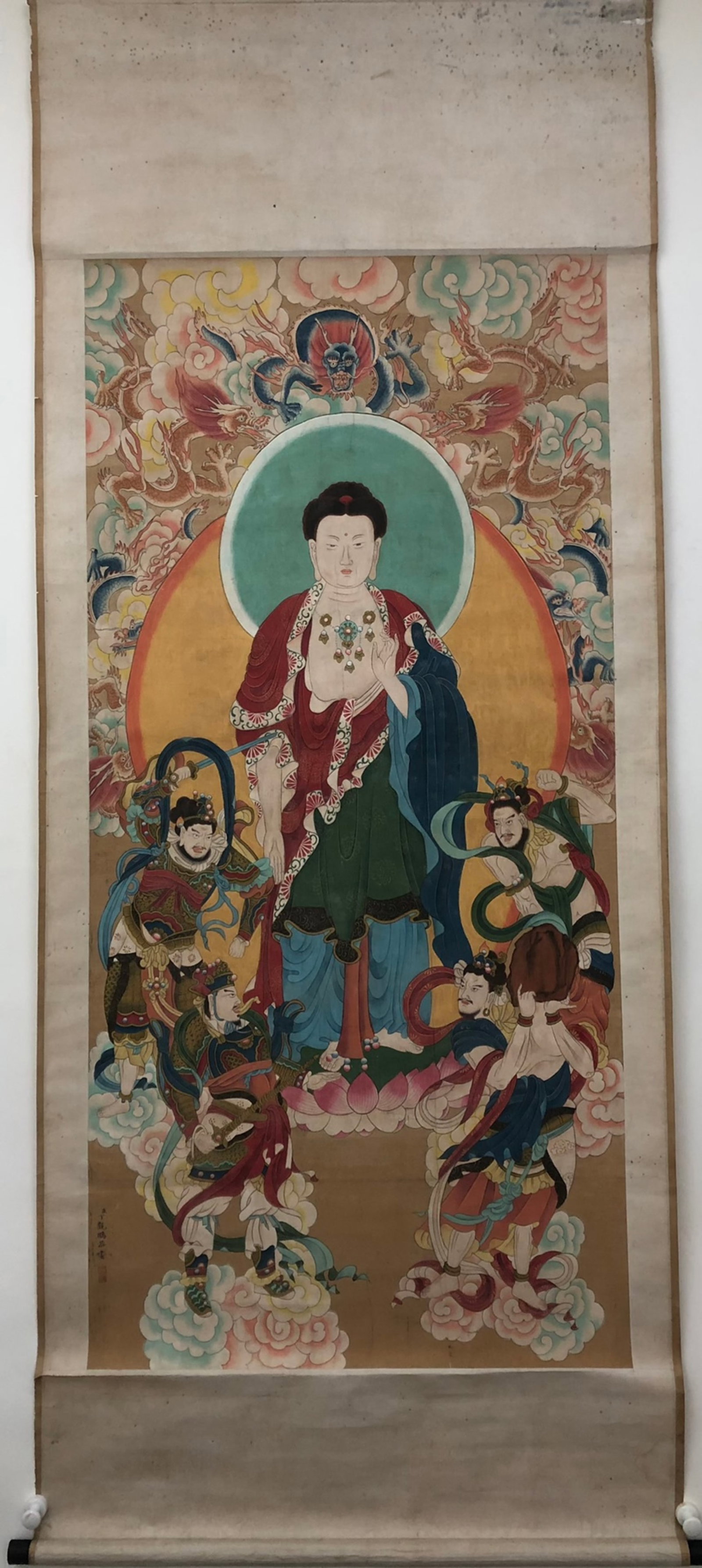 A Chinese Vertical Scroll Ink Painting of Buddha Statue on Silk: A Chinese Vertical Scroll Ink Painting of Buddha Statue on Silk,Ding Guanpeng,Size:51.2inx24.4in 一幅中国水墨绢本佛像画立轴