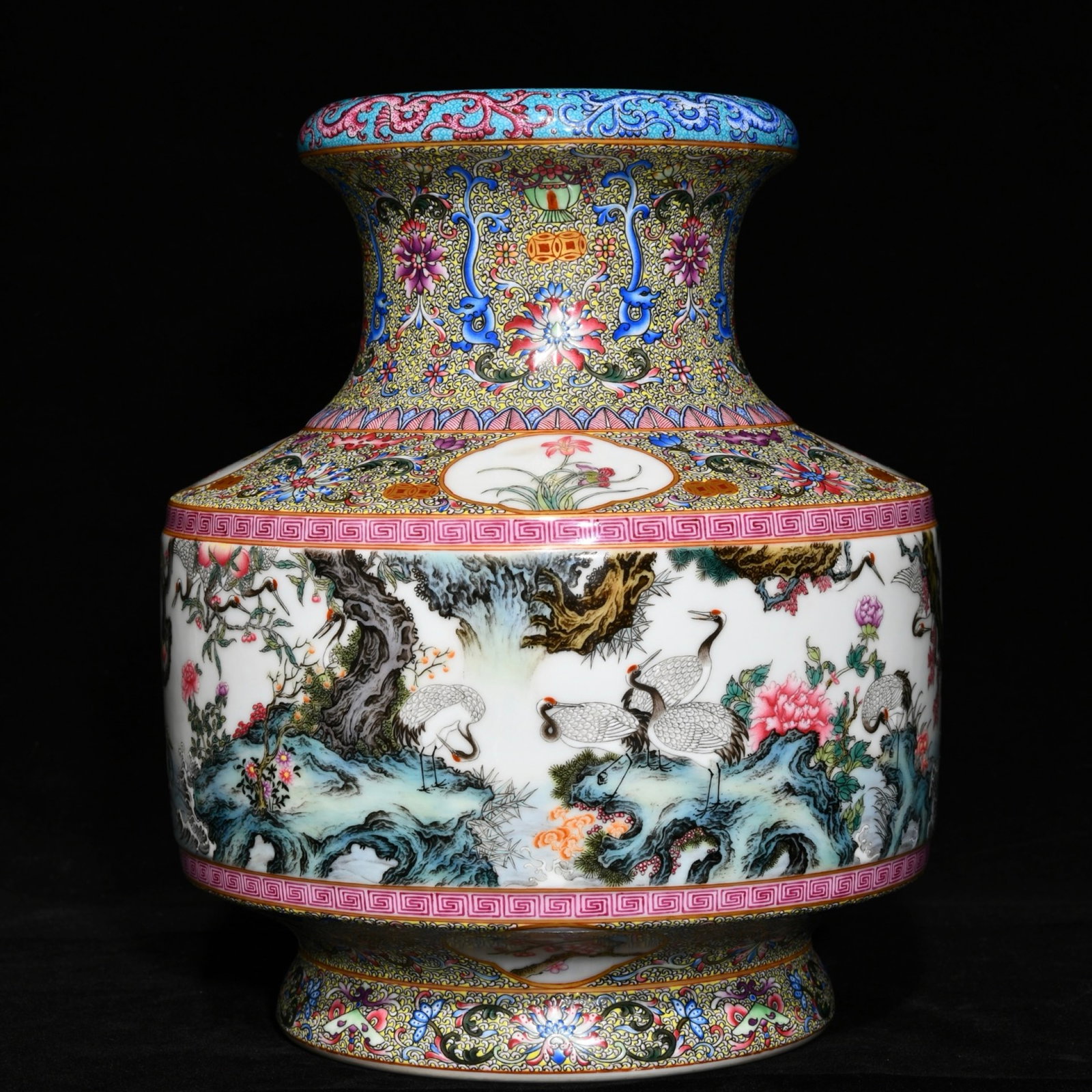 An Exquisite Famille-Rose Pine and Crane Pattern Vase,with poem: An Exquisite Famille-Rose Pine and Crane Pattern Vase,with poem,Qing Dynasty,China,Qianlong Six-character Mark,Size:10.6inx9.1in 粉彩松鹤纹瓶,带诗ਧ