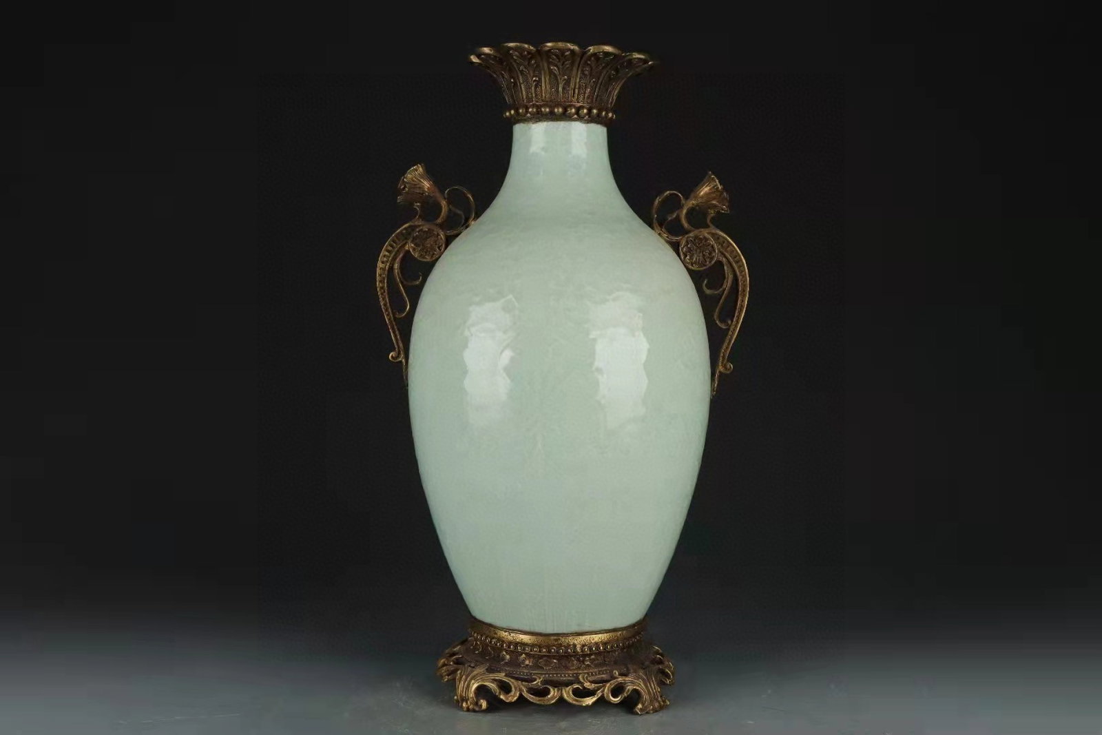 A Huge Sky Blue Glazed Inlaid Bronze Double-Ears Vase: A Huge Sky Blue Glazed Inlaid Bronze Double-Ears Vase,Qing Dynasty,China,Yongzheng Six-character Mark,Size:15.4inx7.7in 天青釉镶铜双耳瓶,中国