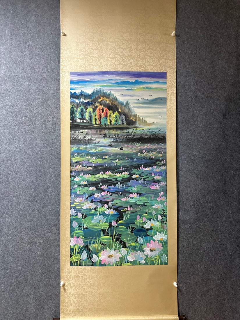An Exquisite Chinese Vertical Scroll Ink Painting of Landscape on Paper: An Exquisite Chinese Vertical Scroll Ink Painting of Landscape on Paper,Lin Fengmian,Size:53.9inx27.2in