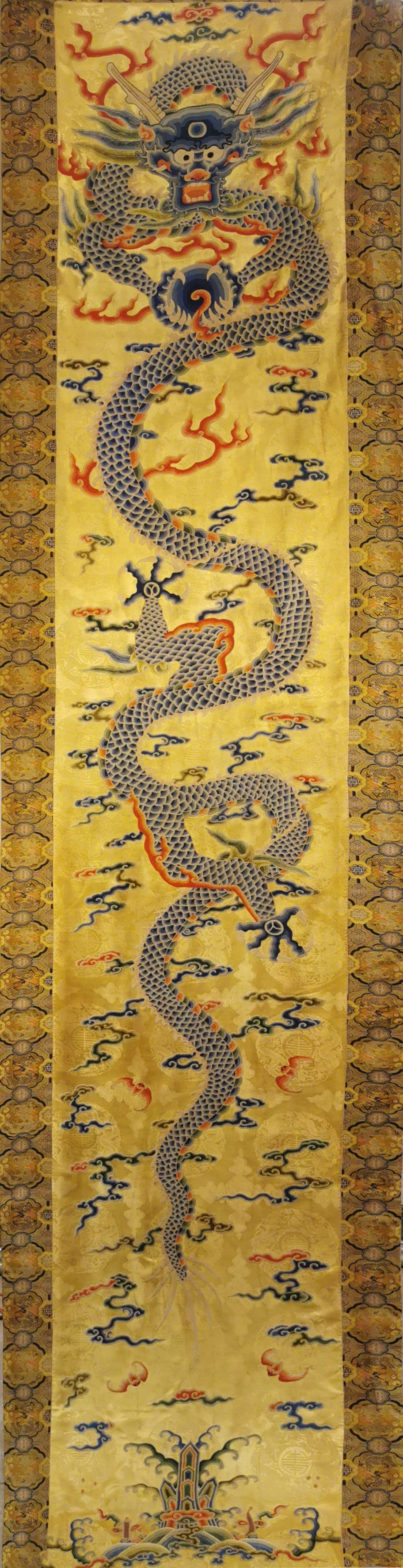 Seed embroidery with auspicious clouds and dragon patterns in bright yellow ground: Seed embroidery with auspicious clouds and dragon patterns on the yellow ground in the Qing Dynasty. It uses bright yellow fabric as the base cloth, embroidered with fine auspicious clouds and dragon 