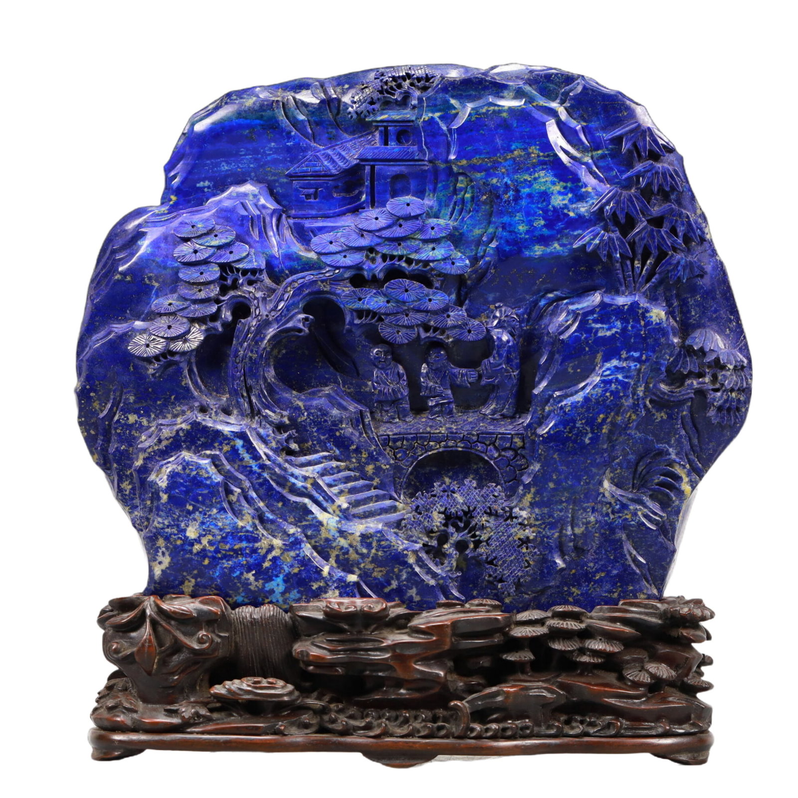 A Lapis Lazuli 'Landscape& Figure' Decoration: A Lapis Lazuli 'Landscape& Figure' Decoration With Imperial Poem Inscriptions. Carved in relief with lush pines,stairs and ancient Chinese pavilions amidst a rocky landscape. Chinese Qing Dynasty. Jia