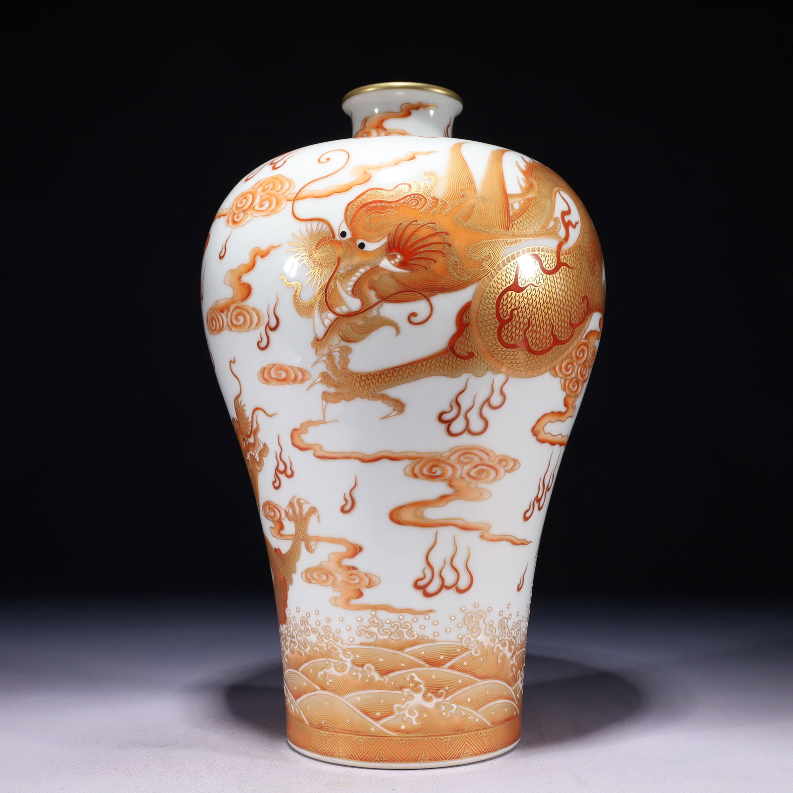 An Exquisite Iron-Red Painted Gold Auspicious Cloud and Dragon Pattern Vase (1 of 9)