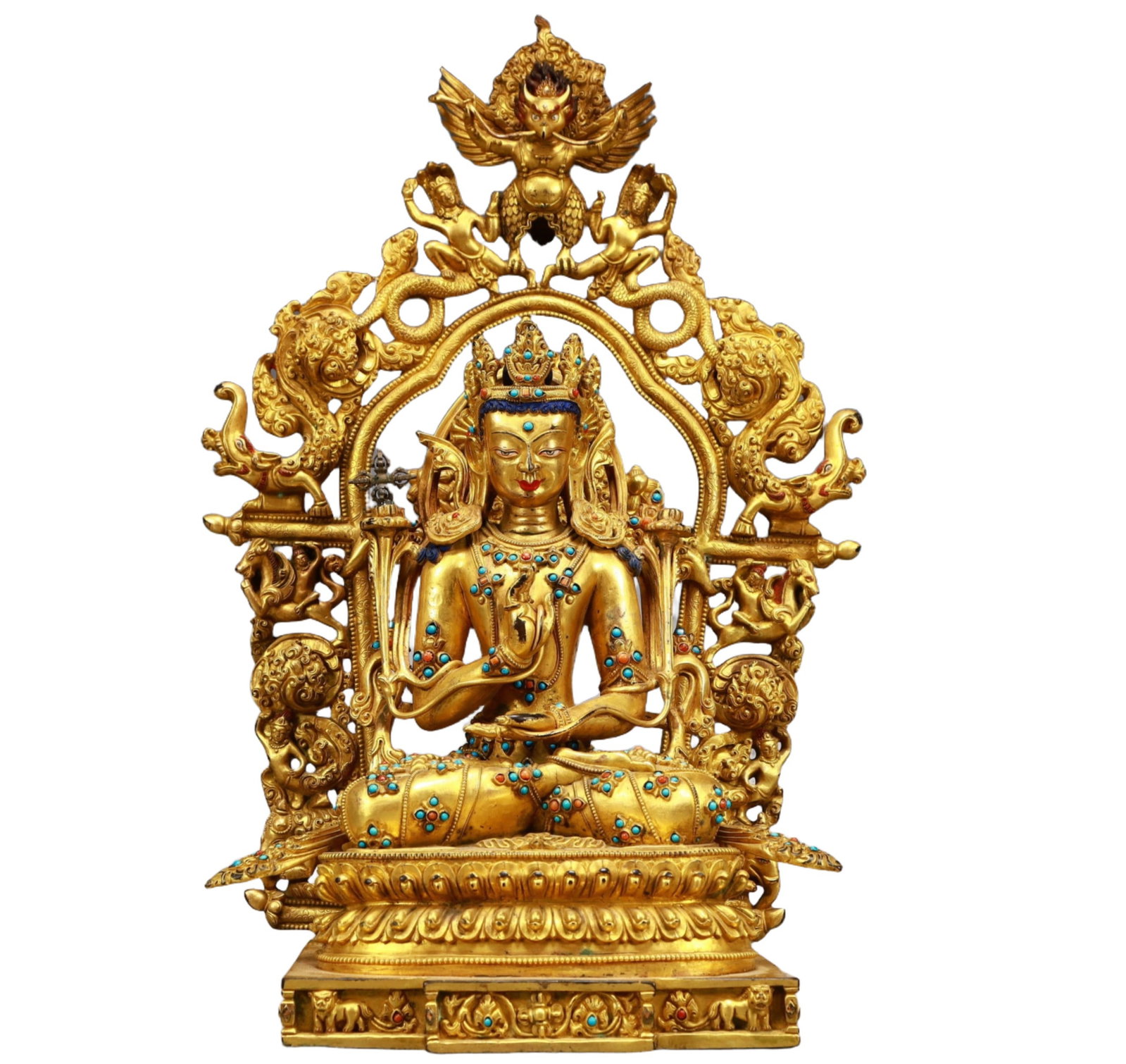 A Solemn Gilt Bronze Statue of Sakyamuni,Inlaid Turquoise: A Solemn Gilt Bronze Statue of Sakyamuni,Inlaid Turquoise,Ming Dynasty, China,Size:6.3inx5.9inx14.6in,Weight:4950g 铜鎏金不动如来佛像,嵌 