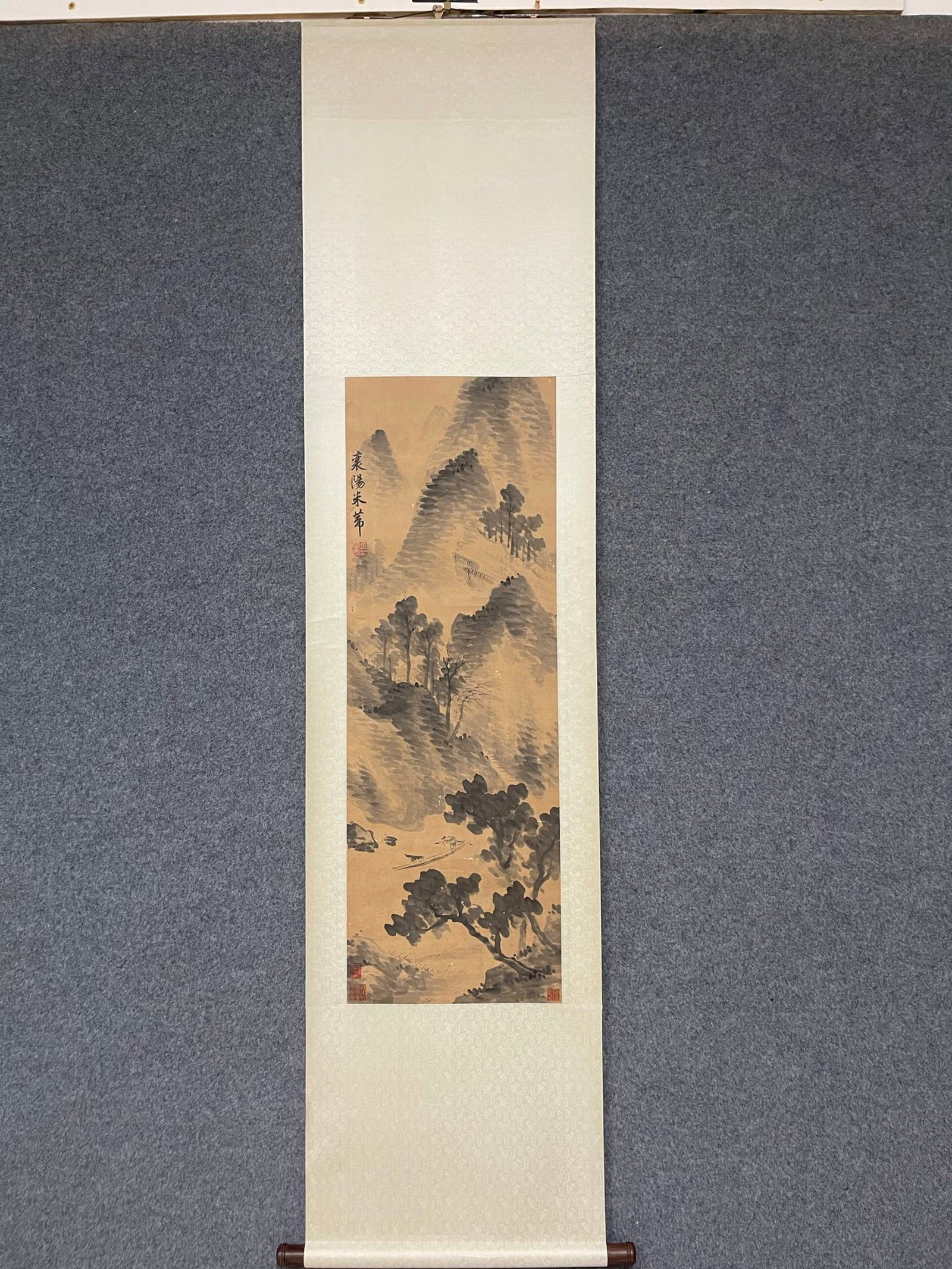 A Chinese Vertical Scroll Ink Painting of Landscape on Paper: A Chinese Vertical Scroll Ink Painting of Landscape on Paper,Mi Fu,Size:15inx43.7in 一幅中国水墨山水画立轴,米芾