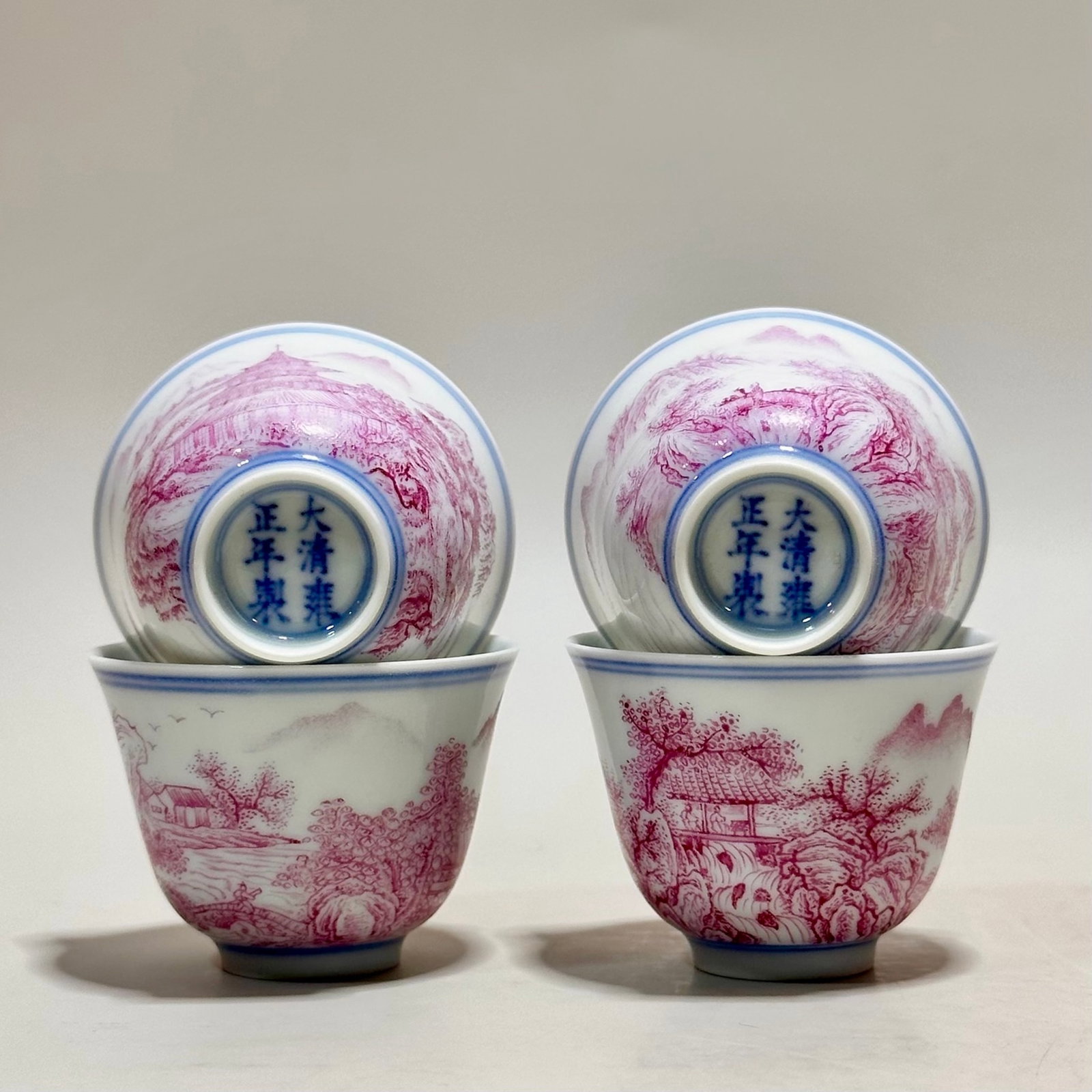 A Set of Fine Ruby Red-Glazed Landscape Pattern Cups - 7