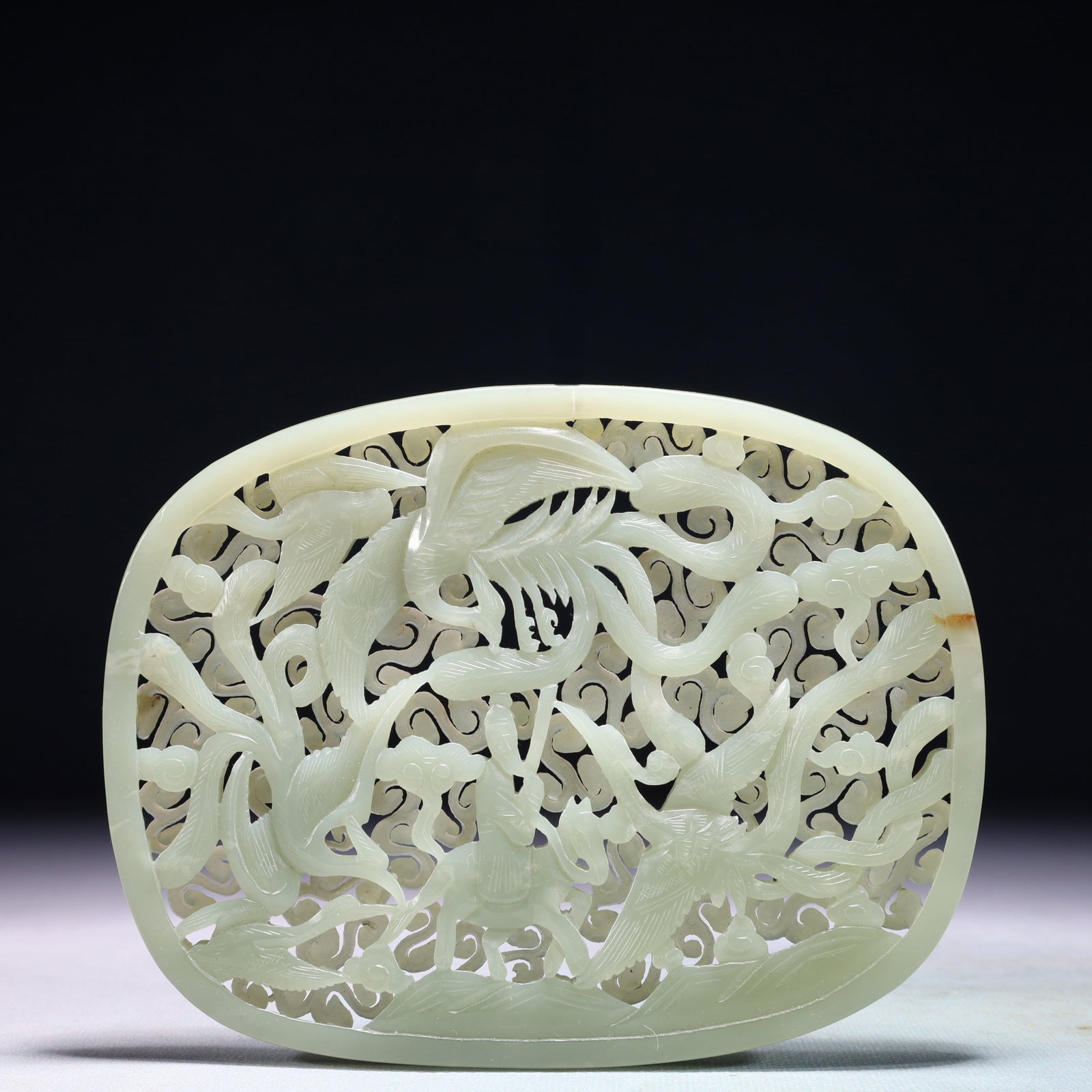 An Exquisite White Jade Auspicious Cloud and Phoenix Pattern Pendant: An Exquisite White Jade Auspicious Cloud and Phoenix Pattern Pendant,Qing Dynasty,China,Size:5.9inx4.7in,Weight:221.3g