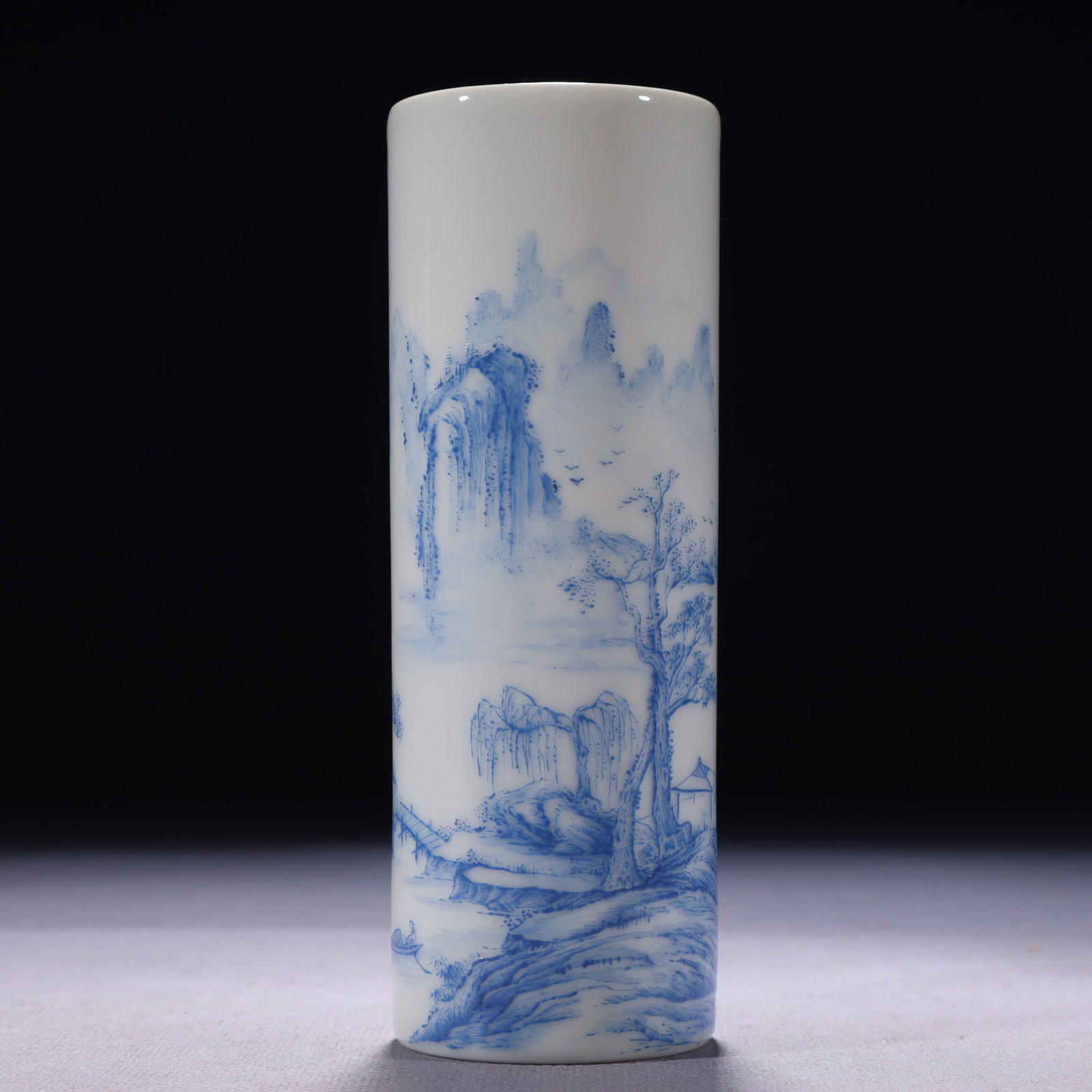 An Exquisite Sapphire Blue Glazed Landscape Pattern Brush Pot,with poem: An Exquisite Sapphire Blue Glazed Landscape Pattern Brush Pot,with poem,Qing Dynasty,China,Qianlong Four-character Mark,Size:2inx5.5in,Weight:150g 宝石蓝釉山水ń