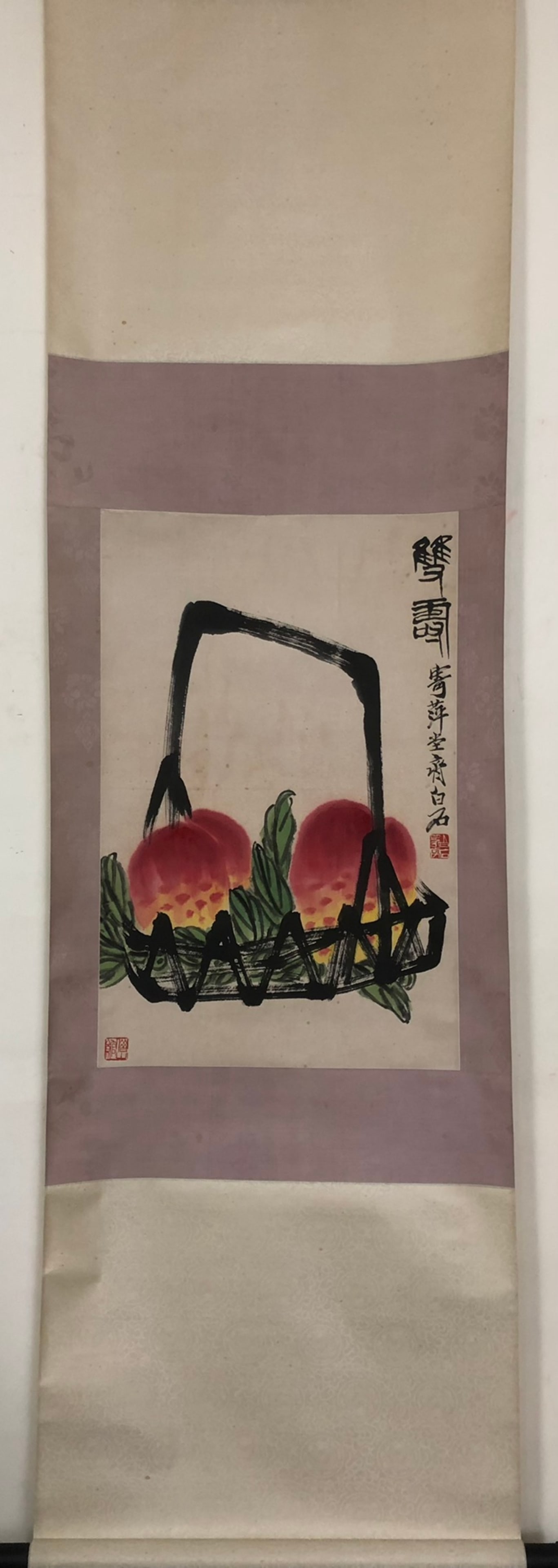 A Chinese Vertical Scroll Ink Painting of Peach on Paper: A Chinese Vertical Scroll Ink Painting of Peach on Paper,Qi Baishi,Size:26.4inx16.9in 一幅中国水墨桃子画立轴,齐白石