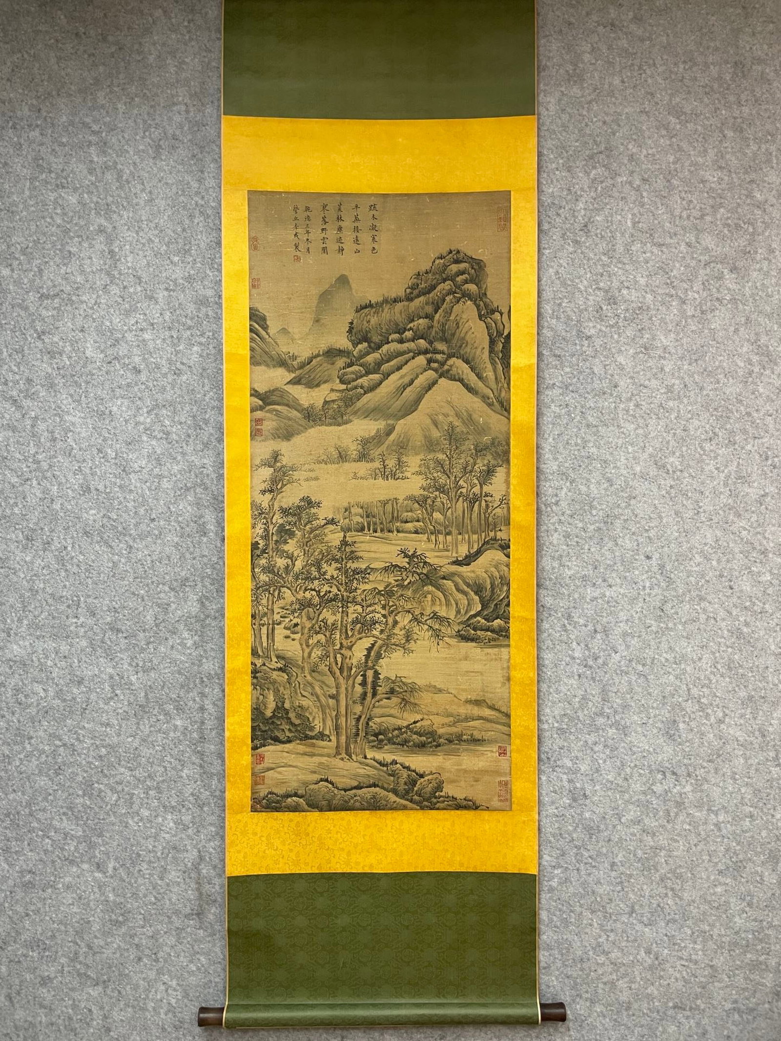 A Chinese Vertical Scroll Ink Painting of Landscape on Silk: A Chinese Vertical Scroll Ink Painting of Landscape on Silk,Li Cheng,Size:20.1inx47.2in 一幅中国水墨绢本山水画立轴,李