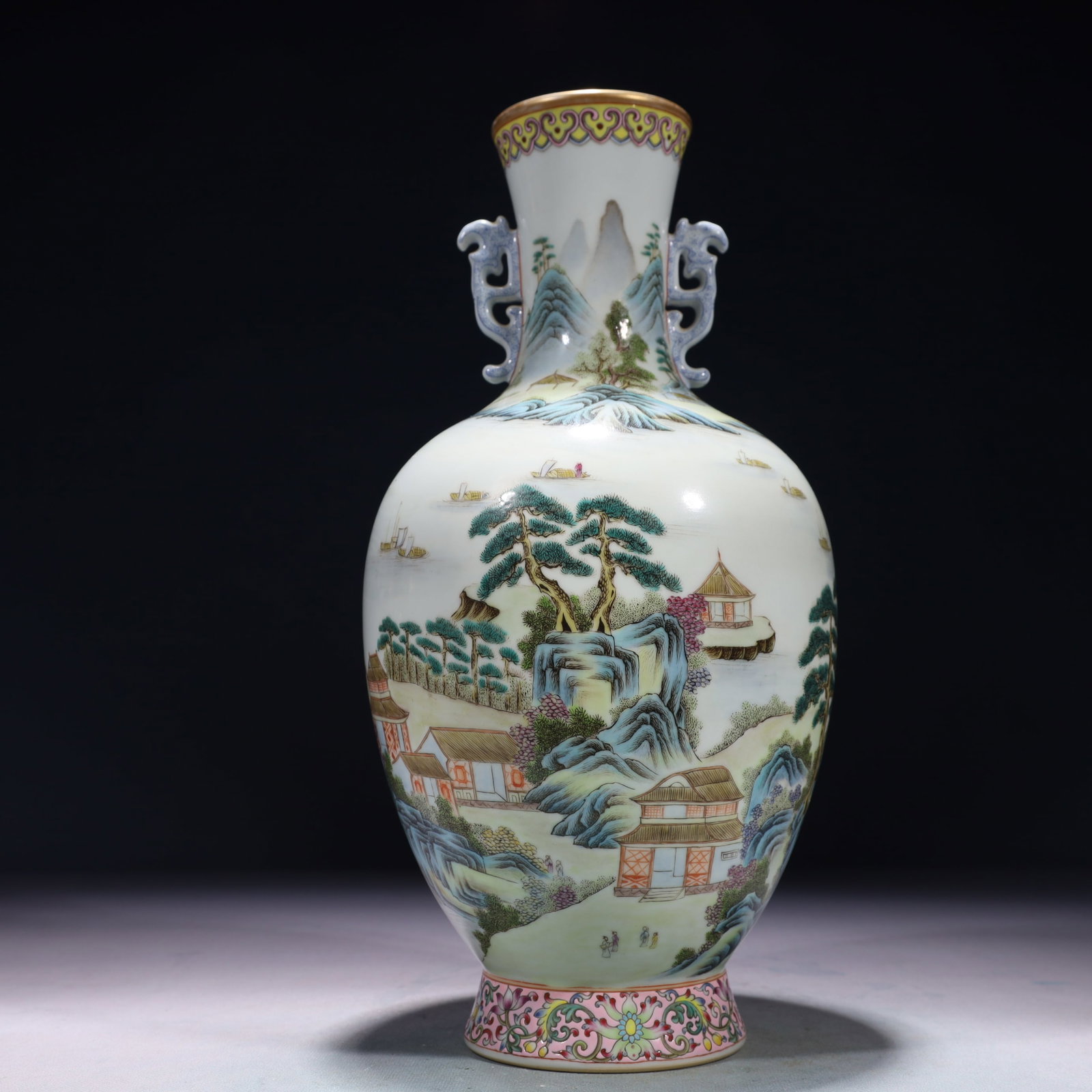 An Exquisite Famille-Rose Landscape Pattern Double-Ears Vase: An Exquisite Famille-Rose Landscape Pattern Double-Ears Vase,Qing Dynasty,China,Qianlong Six-character Mark,Size:5.9inx13.4in,Weight:1550g