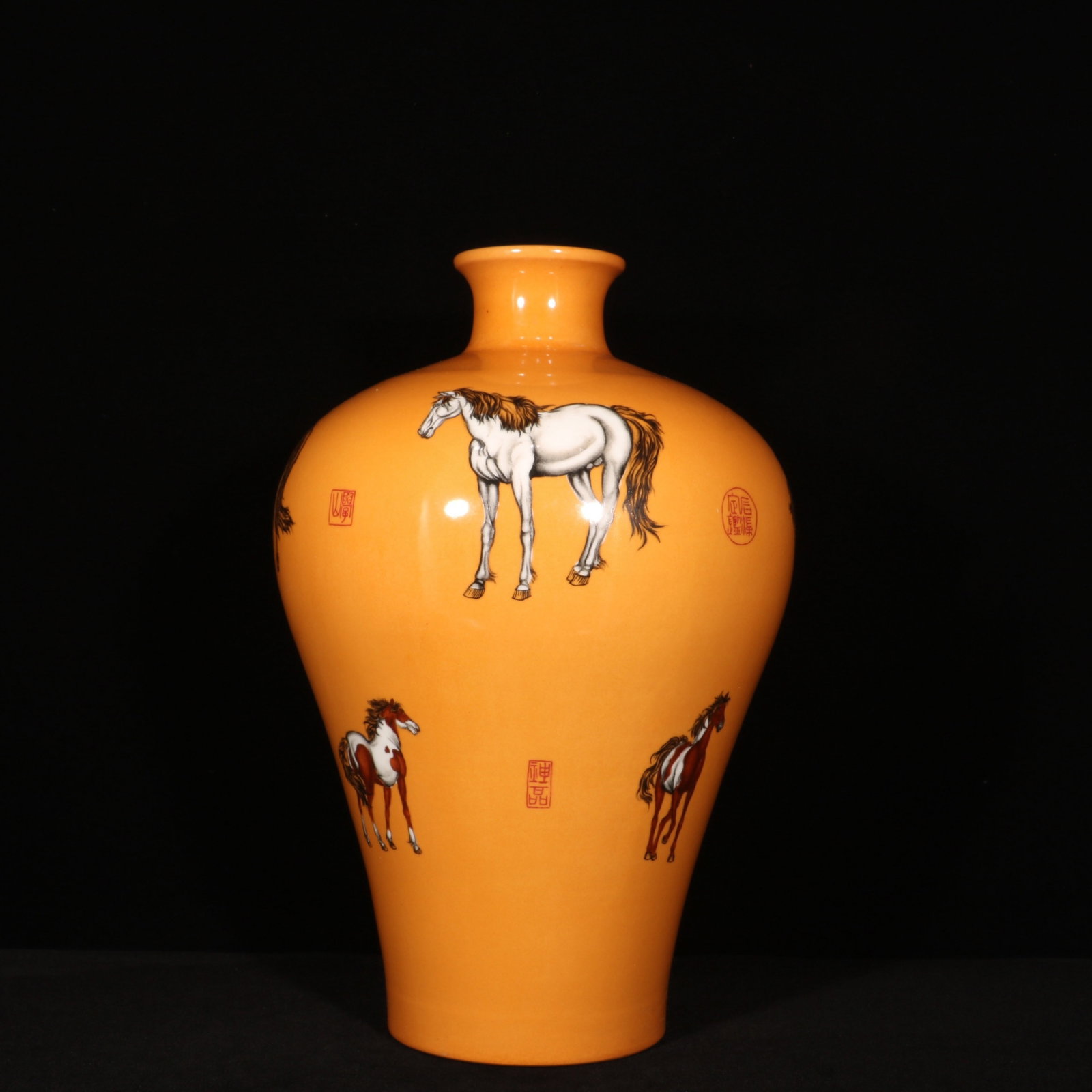 A Rare Yellow Ground Famille-Rose Horse Pattern Vase: A Rare Yellow Ground Famille-Rose Horse Pattern Vase,Qing Dynasty,China,Qianlong Six-character Mark,Size:15inx9.8in 黄地粉彩骏马纹瓶,中国