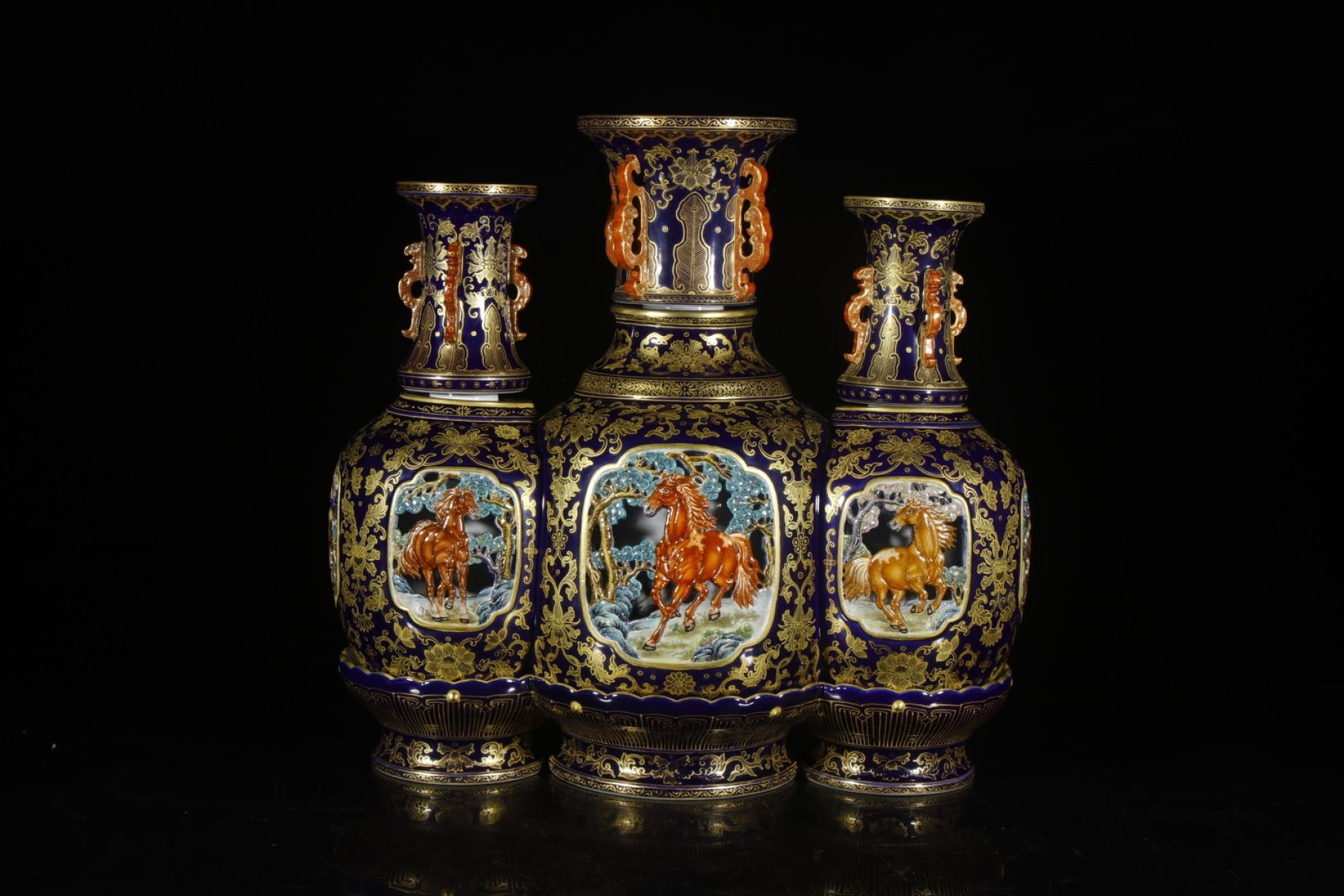 A Huge Ji Blue Glazed Enamel Horse Pattern Conjoined bottles: A Huge Ji Blue Glazed Enamel Horse Pattern Conjoined bottles,Qing Dynasty,China,Qianlong Six-character Mark,Size:16.5inx6.3in