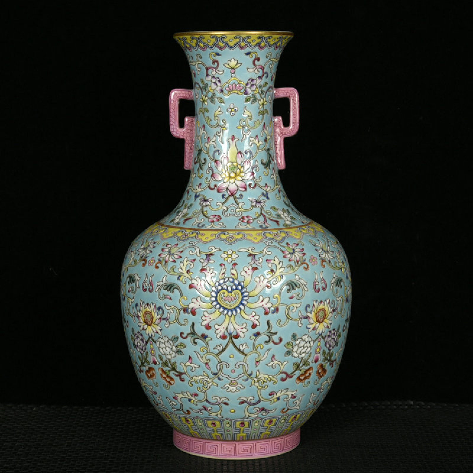 An Exquisite Green Ground Enamel Lotus Pattern Double-Ears Vase: An Exquisite Green Ground Enamel Lotus Pattern Double-Ears Vase,Qing Dynasty,China,Daoguang Six-character Mark,Size:10.8inx6.7in 绿地珐琅彩缠枝莲纹