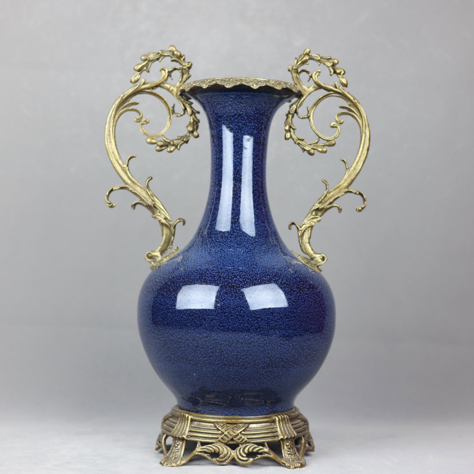 A Huge Blue Glazed Inlaid Bronze Double-Ears Vase: A Huge Blue Glazed Inlaid Bronze Double-Ears Vase,Qing Dynasty,China,Yongzheng Six-character Mark,Size:17.7inx11.4in 蓝釉镶铜双耳瓶,中国清&#