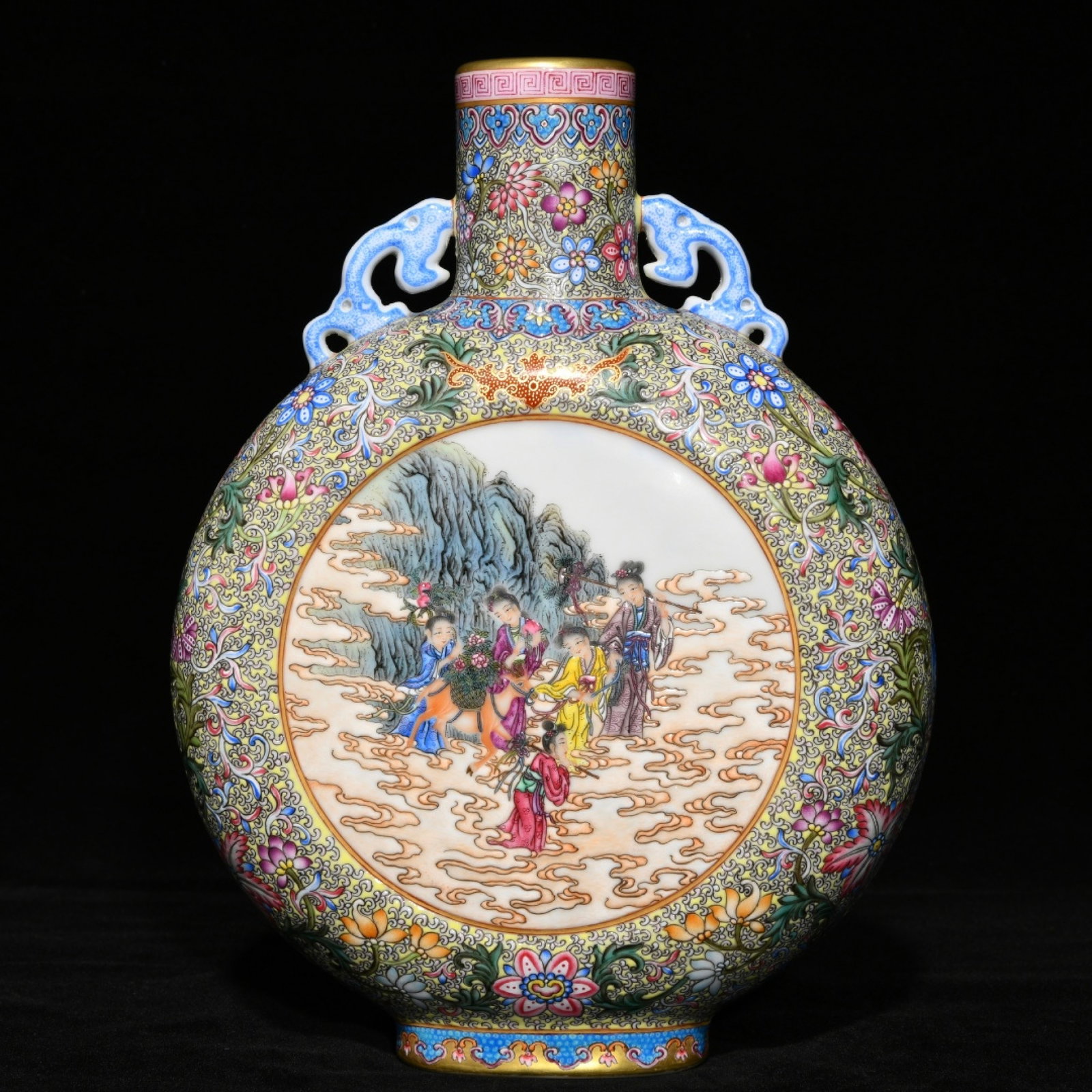 An Exquisite Famille-Rose Painted Gold Character and Story Pattern Double-Ears Vase: An Exquisite Famille-Rose Painted Gold Character and Story Pattern Double-Ears Vase,Qing Dynasty,China,Qianlong Four-character Mark,Size:10inx7.4in 粉彩描金人物