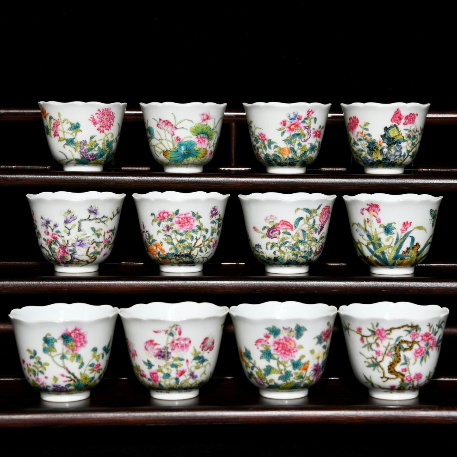 A Set of Fine Enamel Flower Pattern Cups,with poem: A Set of Fine Enamel Flower Pattern Cups,with poem,Qing Dynasty,China,Yongzheng Four-character Mark,Size:2inx2.7in 一套珐琅彩花卉纹杯子,