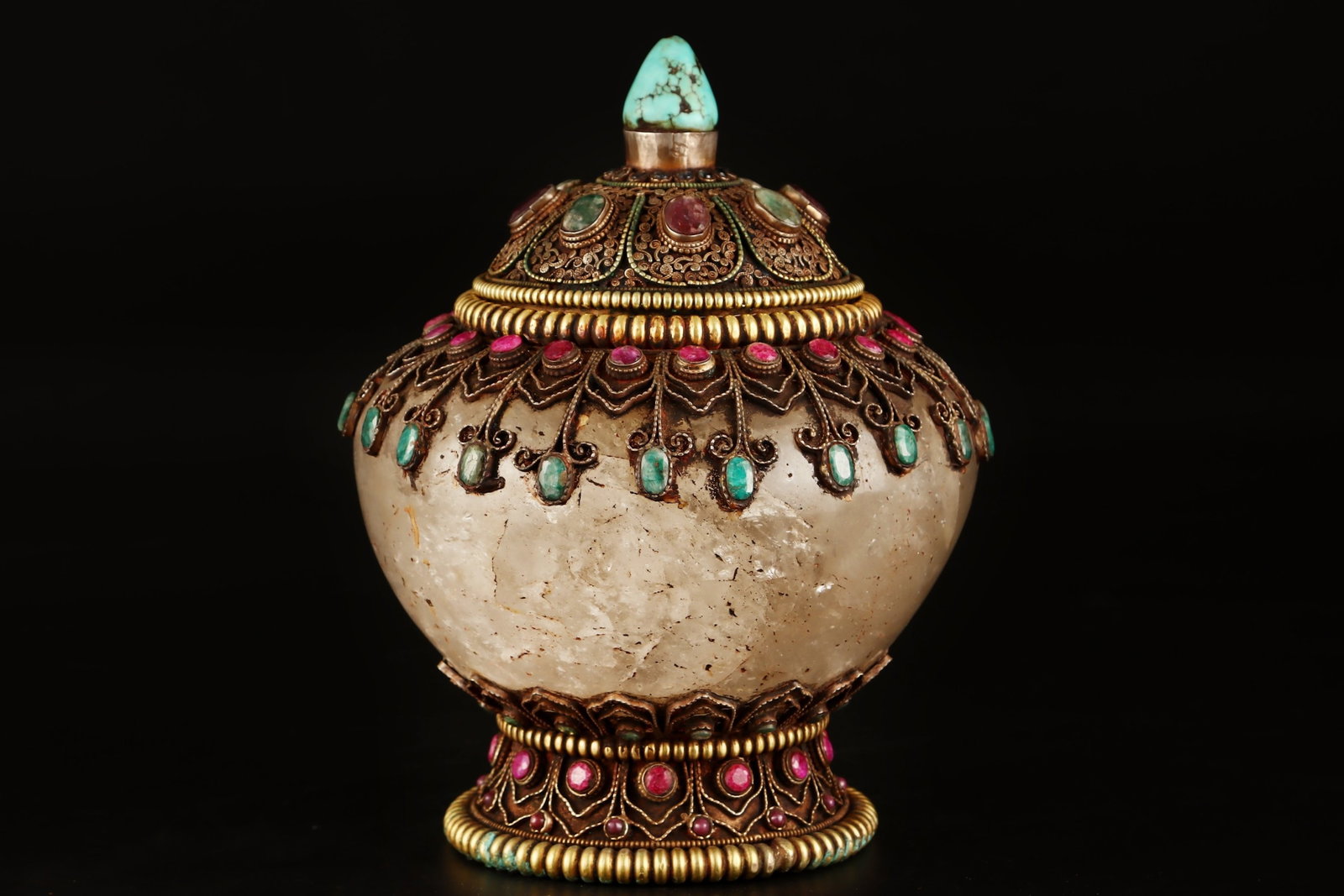 An Exquisite Silver Inlaid Crystal Jar with Cover,Inlaid Gems (1 of 9)
