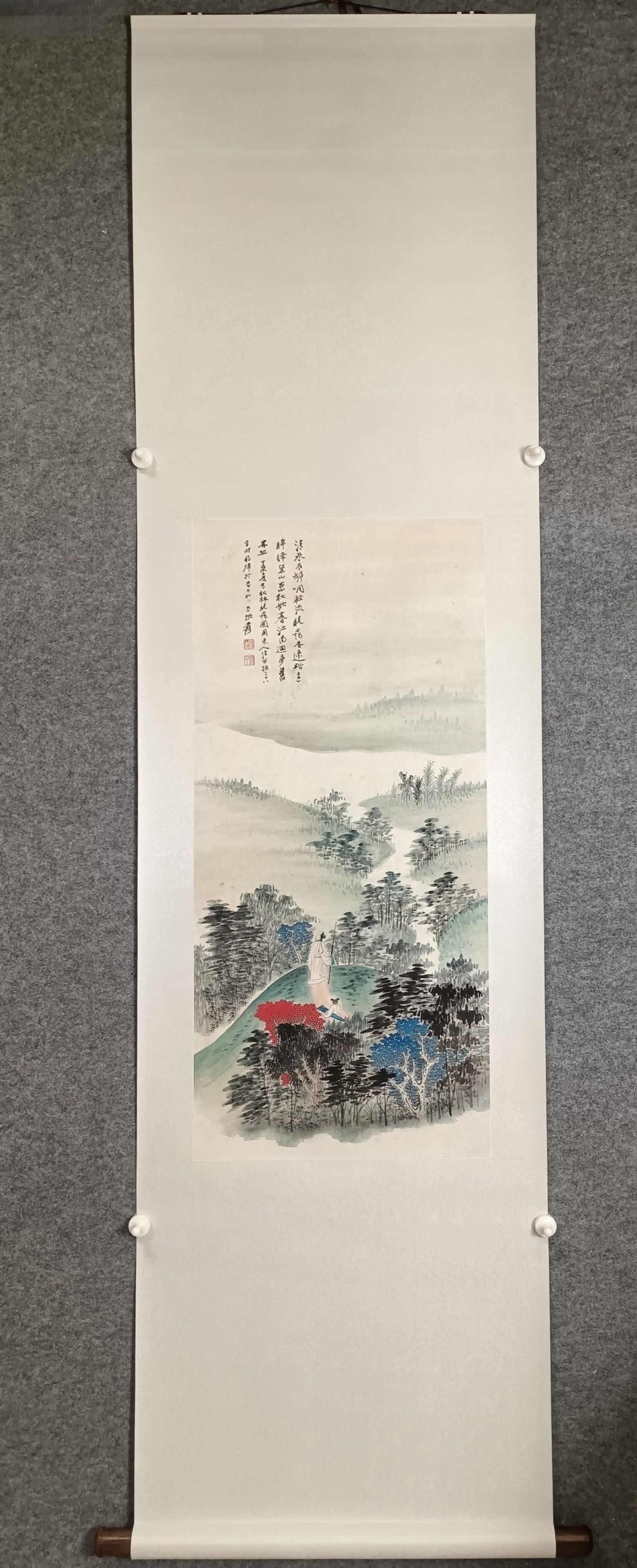 A Chinese Vertical Scroll Ink Painting of Landscape on Paper: A Chinese Vertical Scroll Ink Painting of Landscape on Paper,Zhang Daqian,Size:16.1inx35in 一幅中国水墨山水画立轴,张大