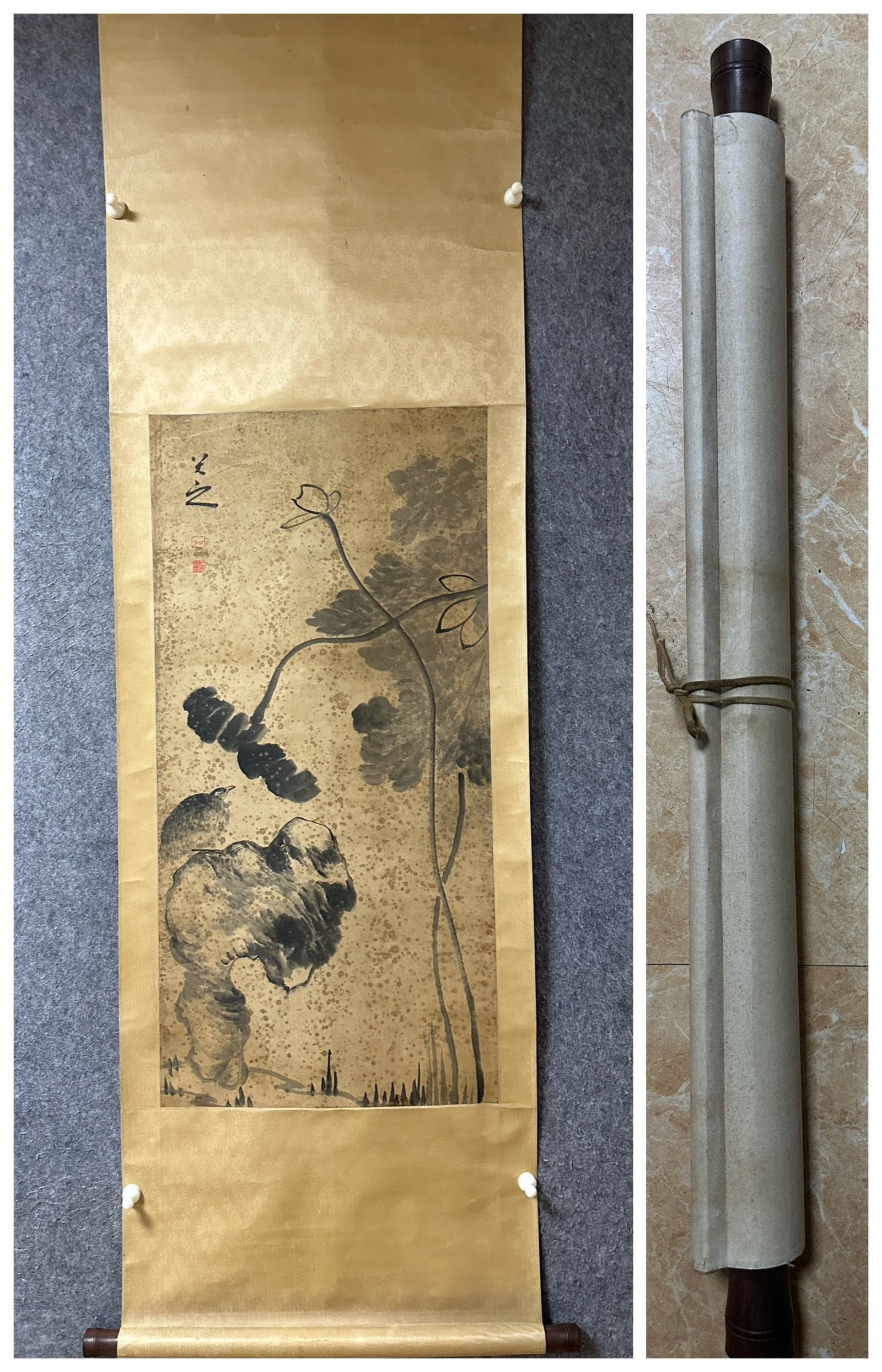 A Chinese Vertical Scroll Ink Painting of Lotus on Paper (1 of 8)