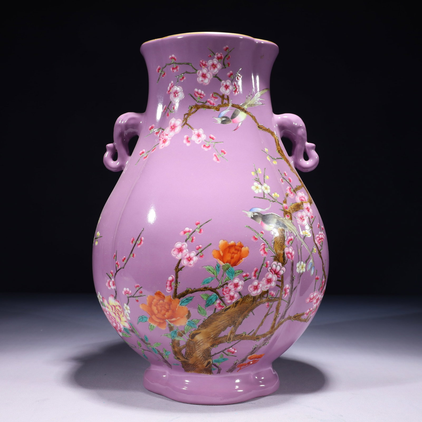 An Exquisite Purple Ground Famille-Rose Painted Gold Flower and Bird Pattern Double-Ears Vase,with (1 of 12)