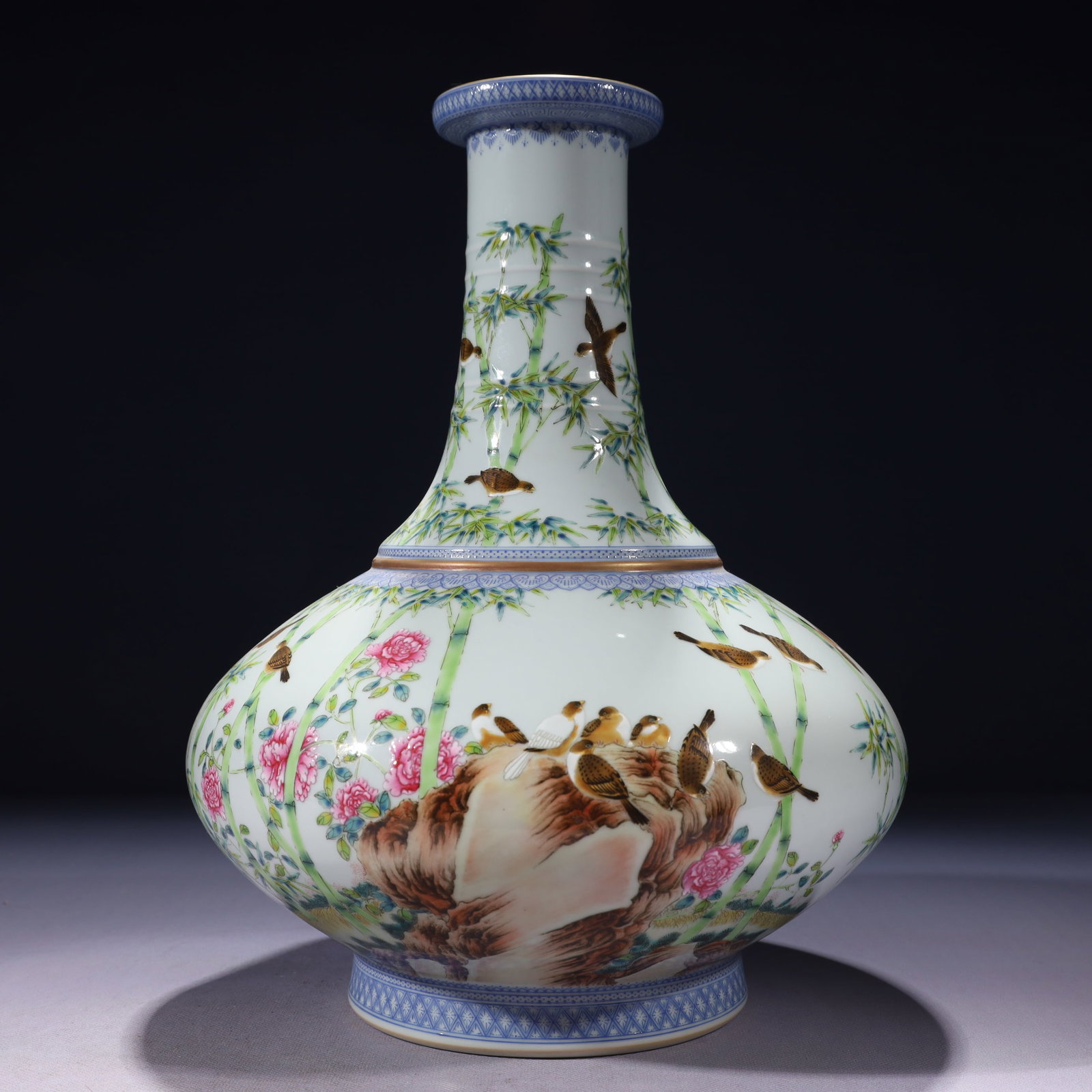 An Exquisite Famille-Rose Painted Gold Flower and Bird Pattern Vase,with poem: An Exquisite Famille-Rose Painted Gold Flower and Bird Pattern Vase,with poem,Qing Dynasty,China,Yongzheng Six-character Mark,Size:9.4inx13.8in 粉彩描金花鸟纹