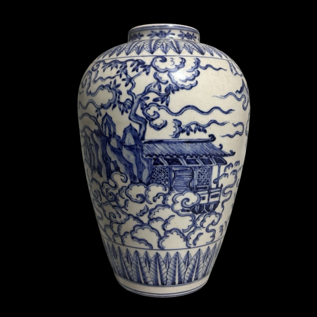 An Exquisite Blue and White Landscape Pattern Jar: An Exquisite Blue and White Landscape Pattern Jar,Ming Dynasty,China,Xuande Six-character Mark,Size:4.9inx9.4in